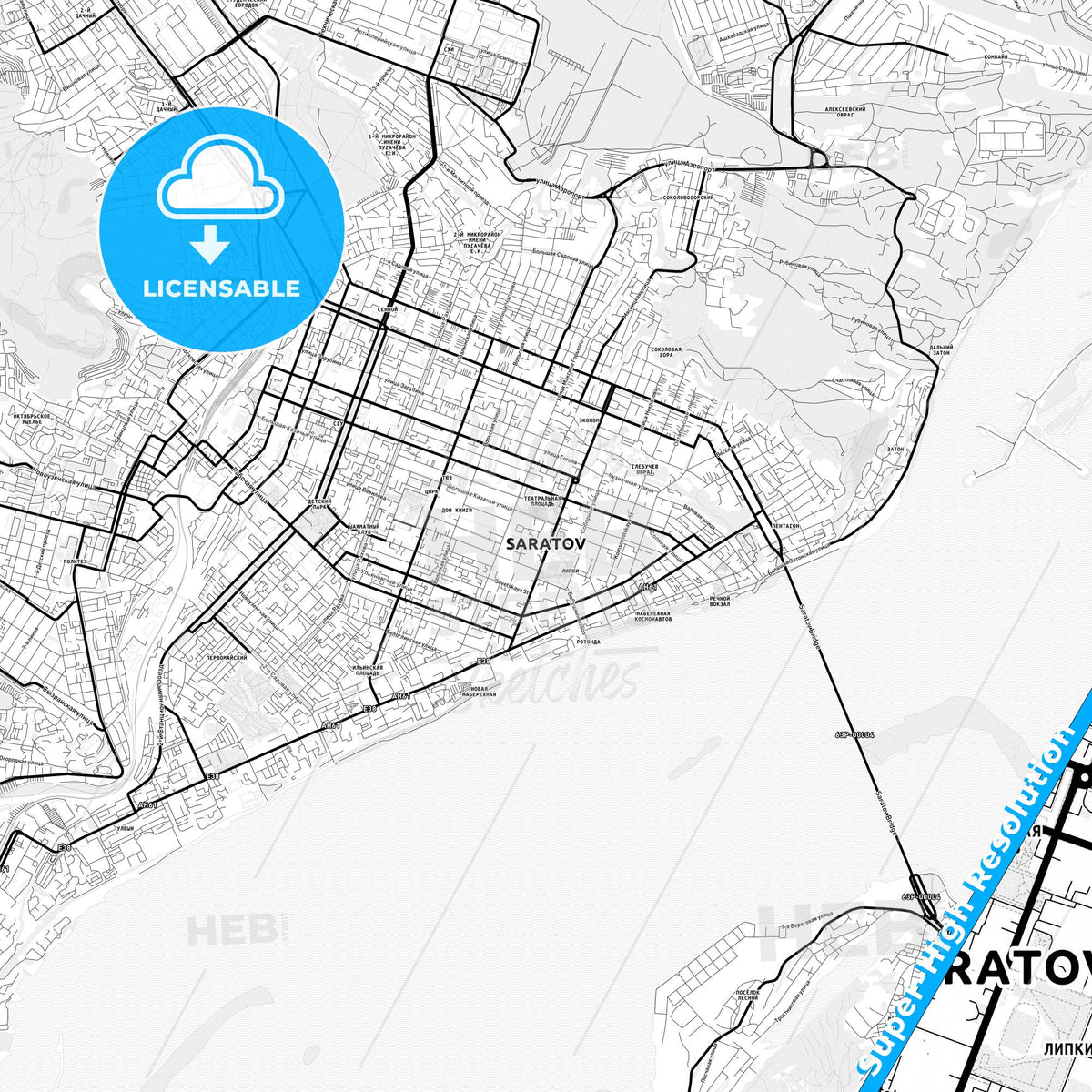 Saratov, Russia Light Map with Street Names, City Names, and Districts