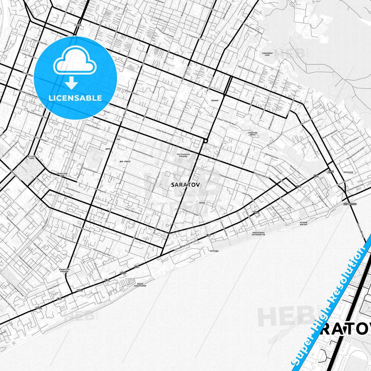 Saratov, Russia Light Map with Street Names, City Names, and Districts