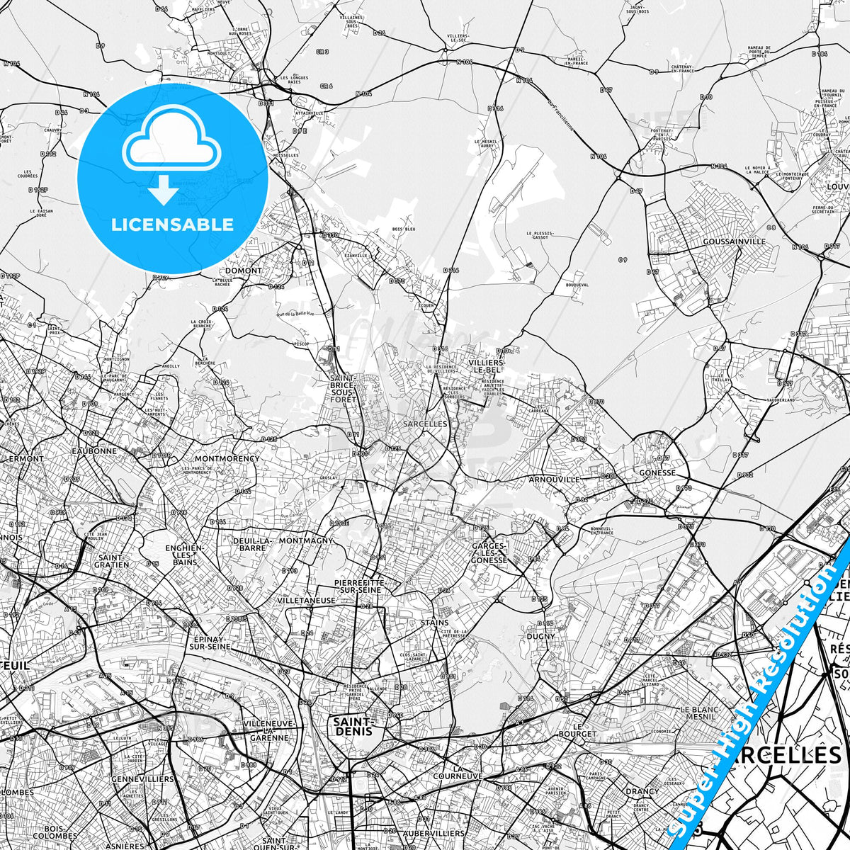Sarcelles, France light map with streetnames, citynames and districts