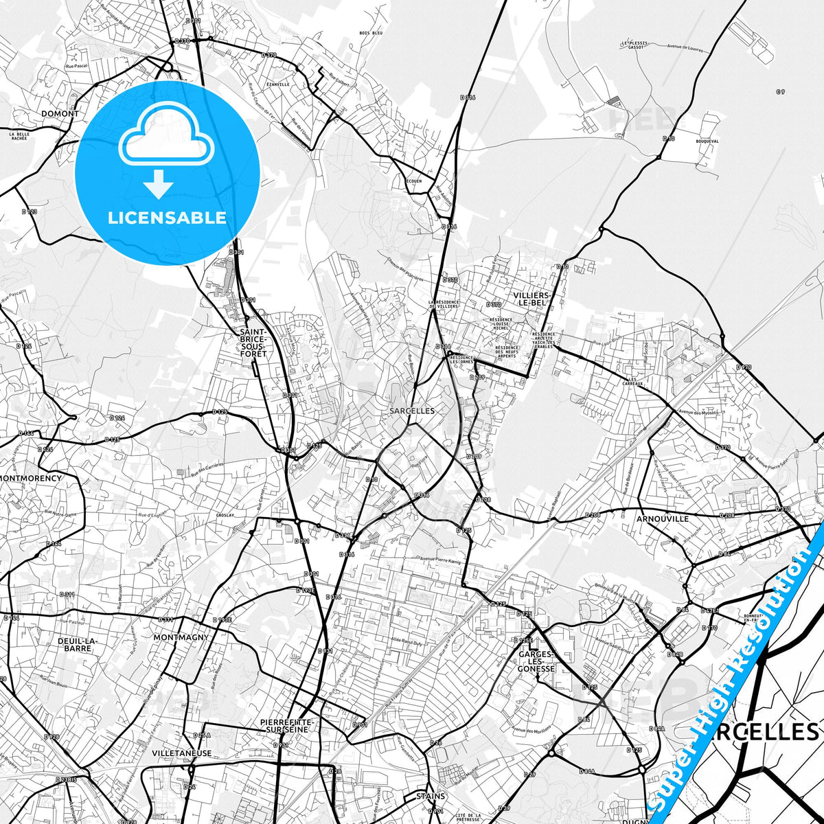 Sarcelles, France Light Map with Street Names, City Names, and Districts