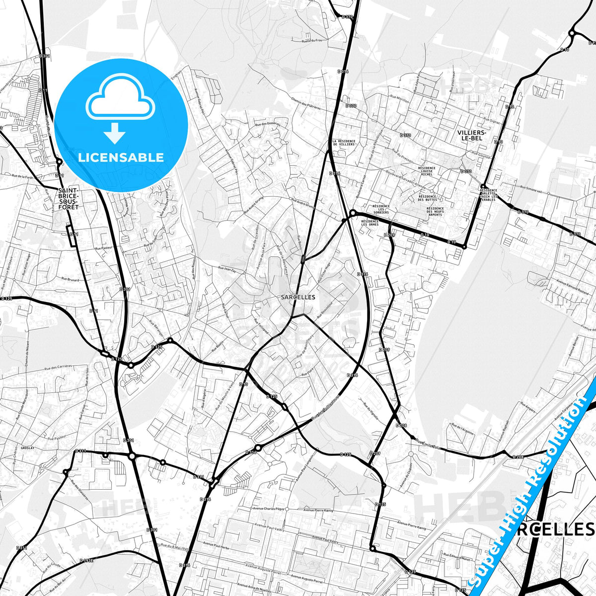 Sarcelles, France Light Map with Street Names, City Names, and Districts