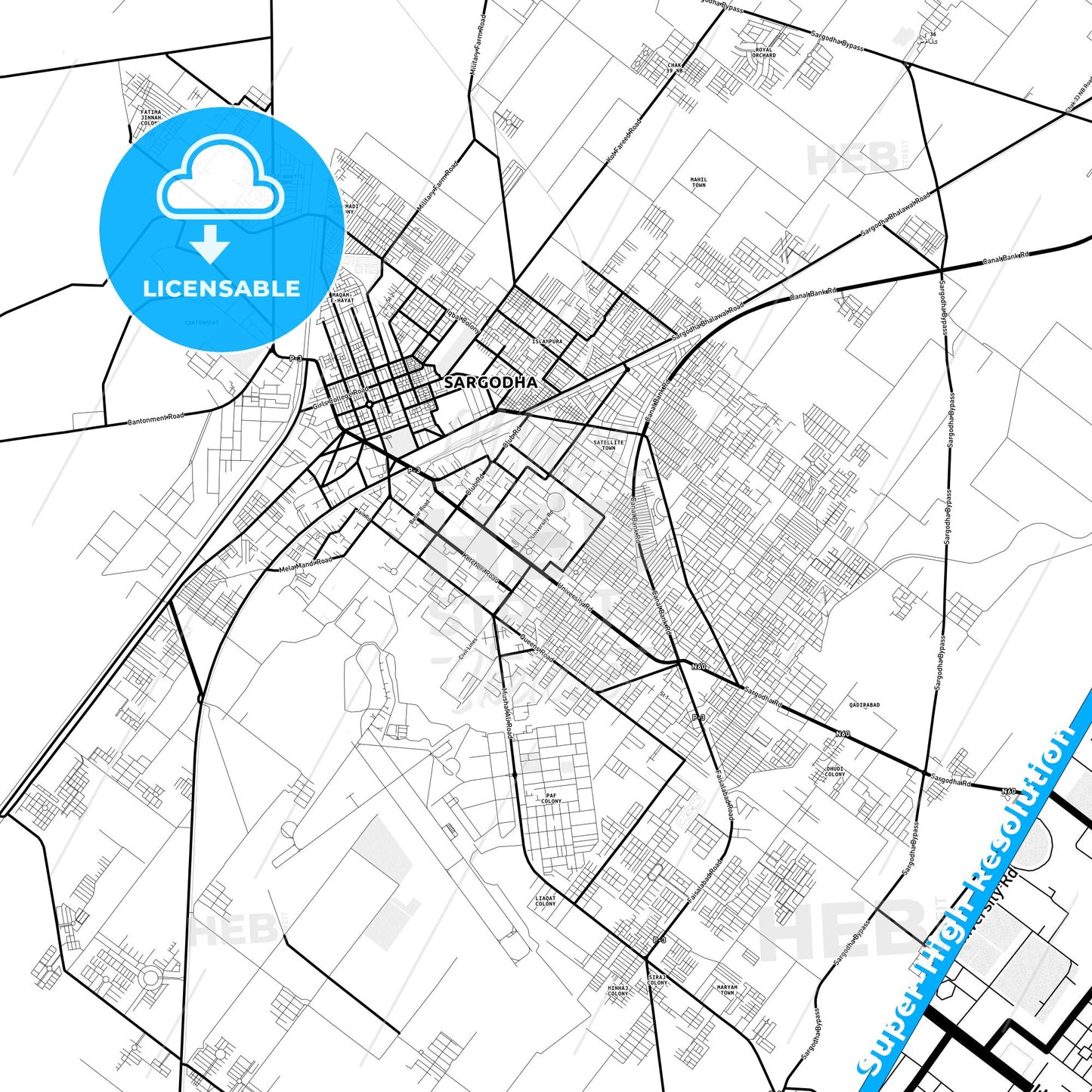 Sargodha, Pakistan Light Map with Street Names, City Names, and Districts