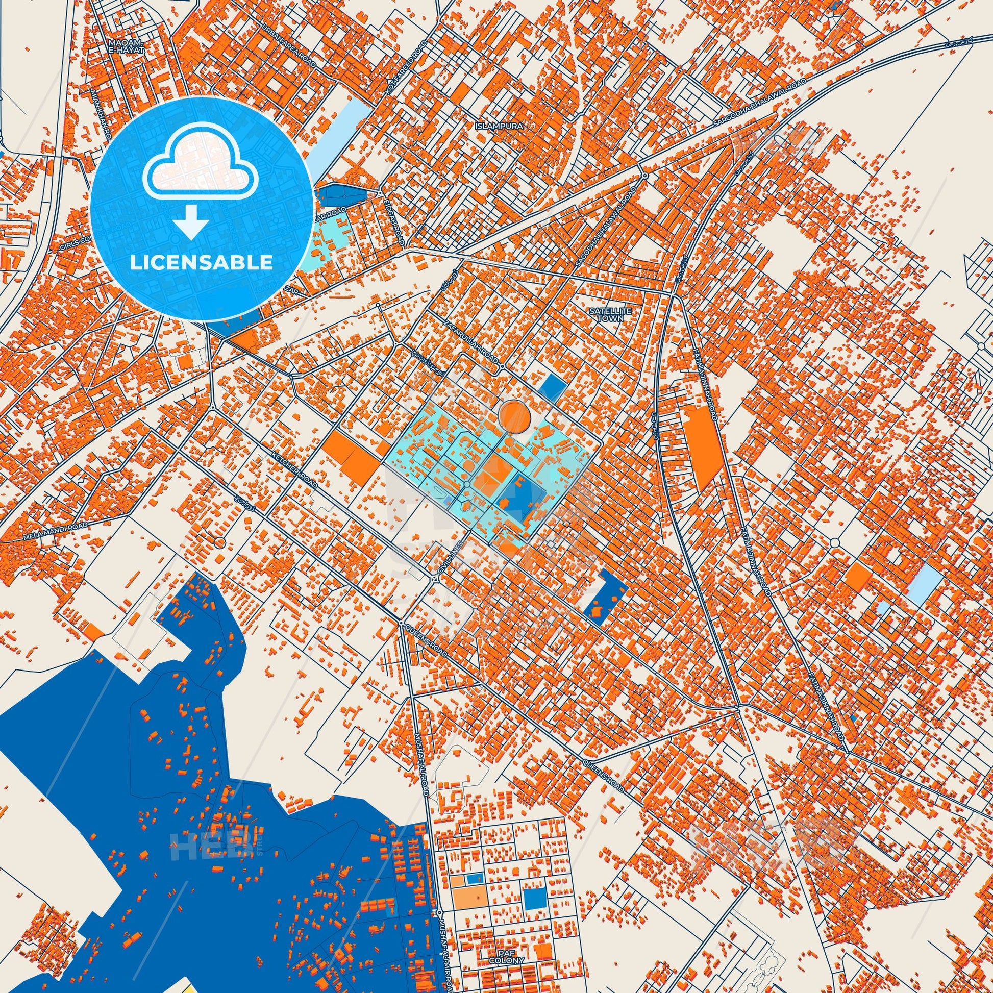 Colorful Sargodha Street Map with Labels and Buildings