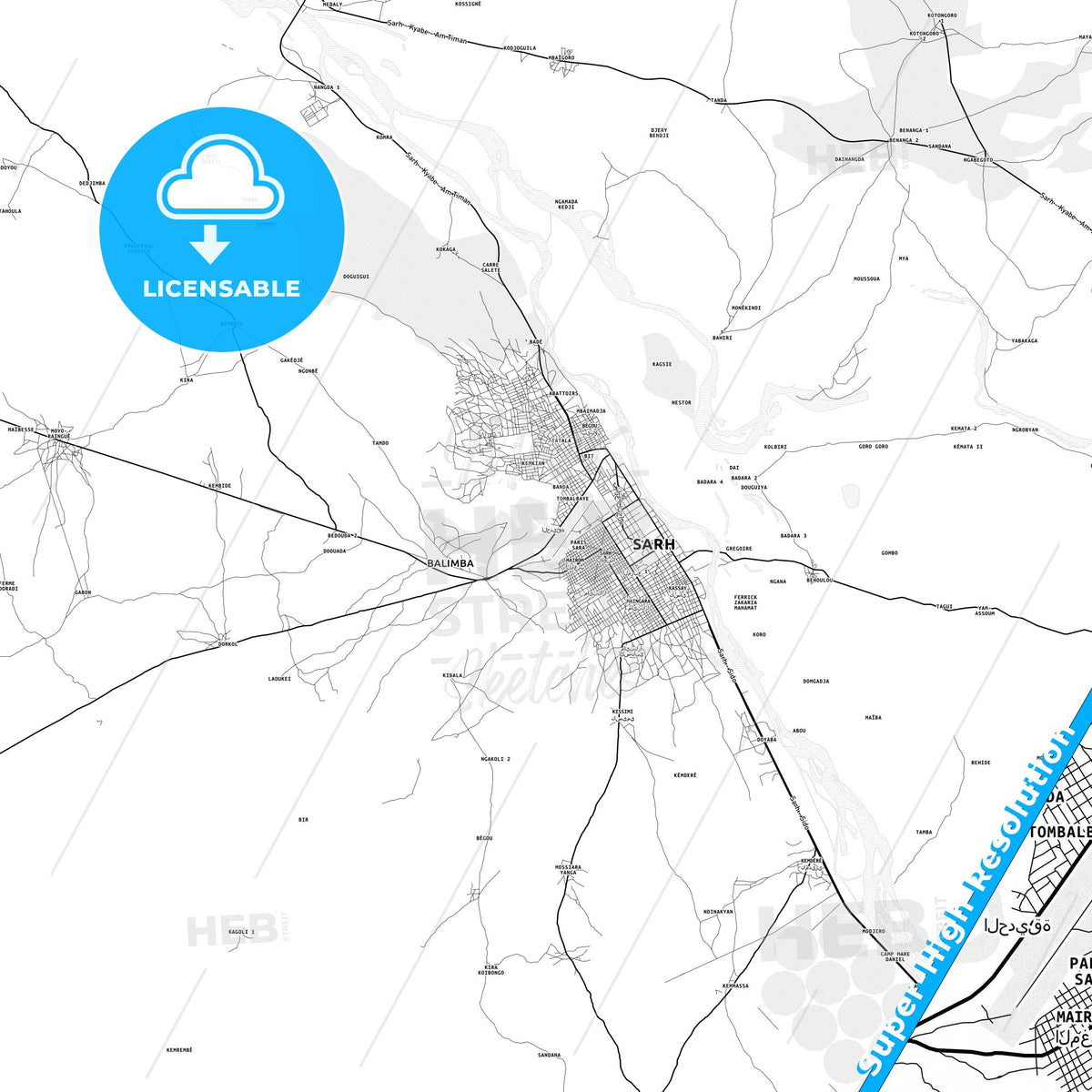 Sarh, Chad light map with streetnames, citynames and districts