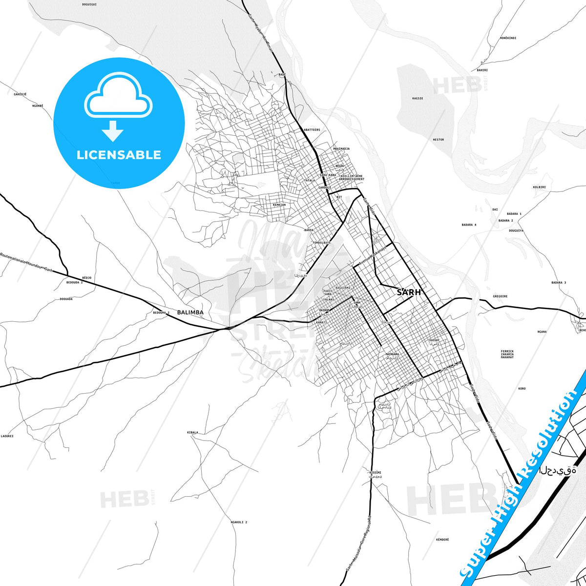 Sarh, Chad Light Map with Street Names, City Names, and Districts