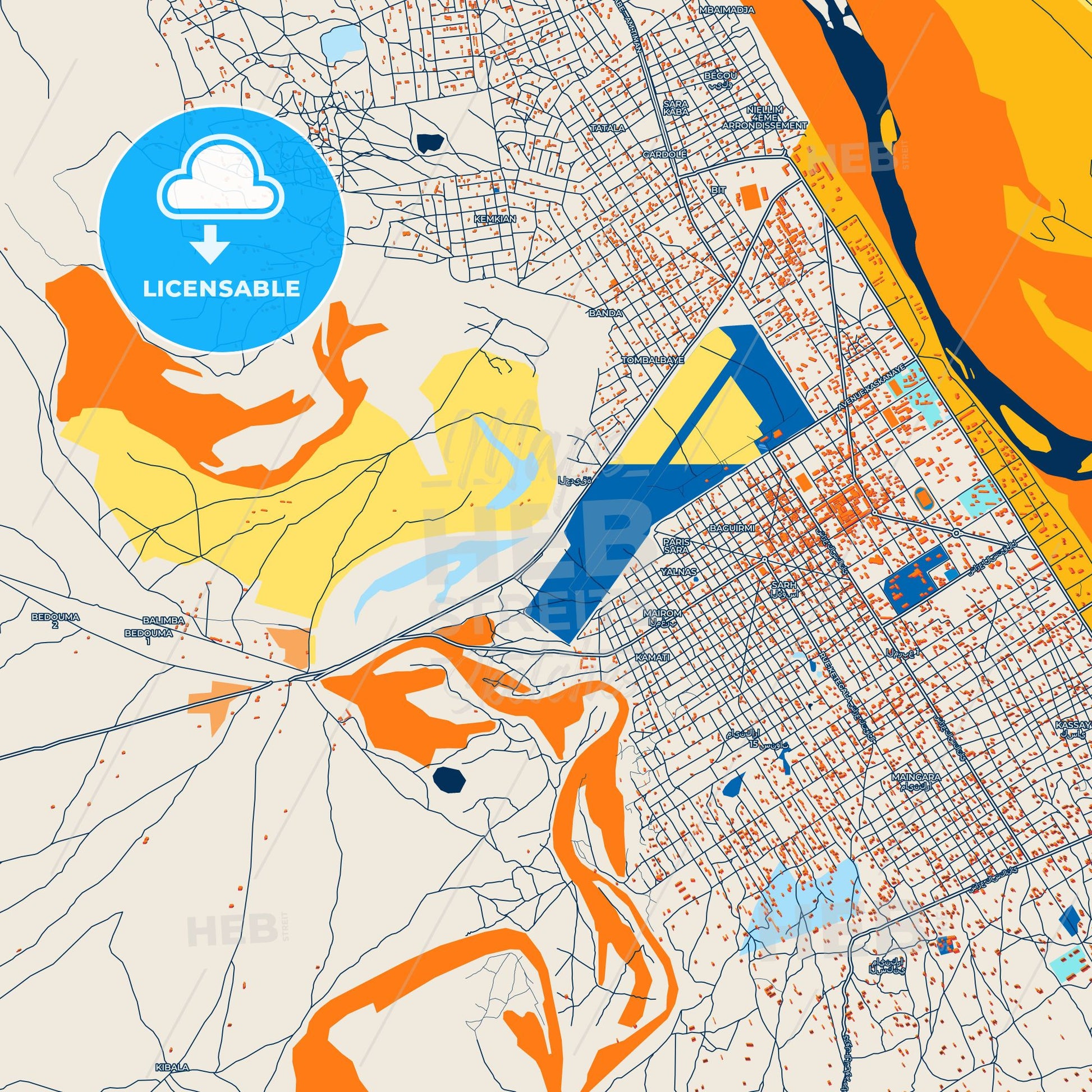 Colorful Sarh Street Map with Labels and Buildings