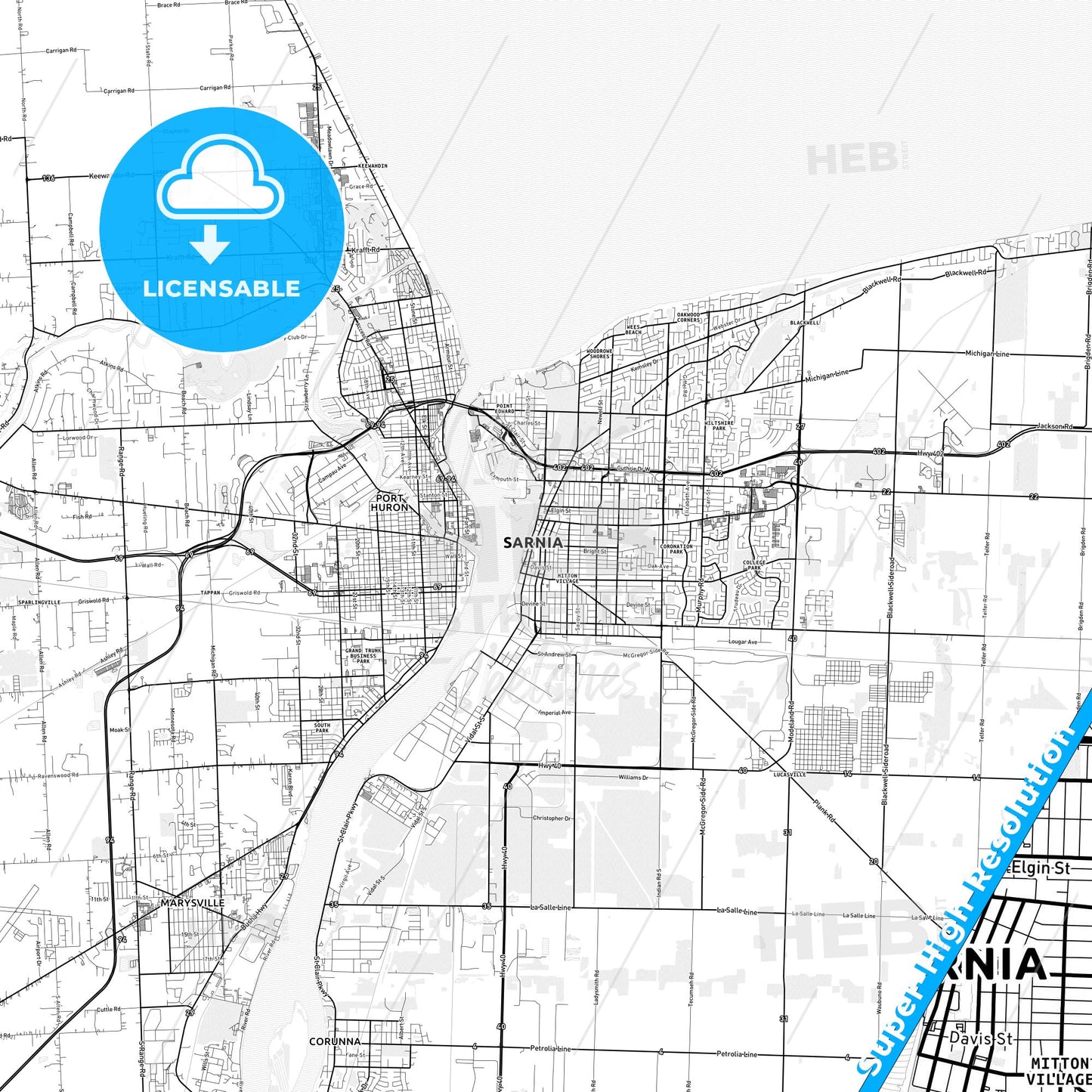 Sarnia, Canada light map with streetnames, citynames and districts