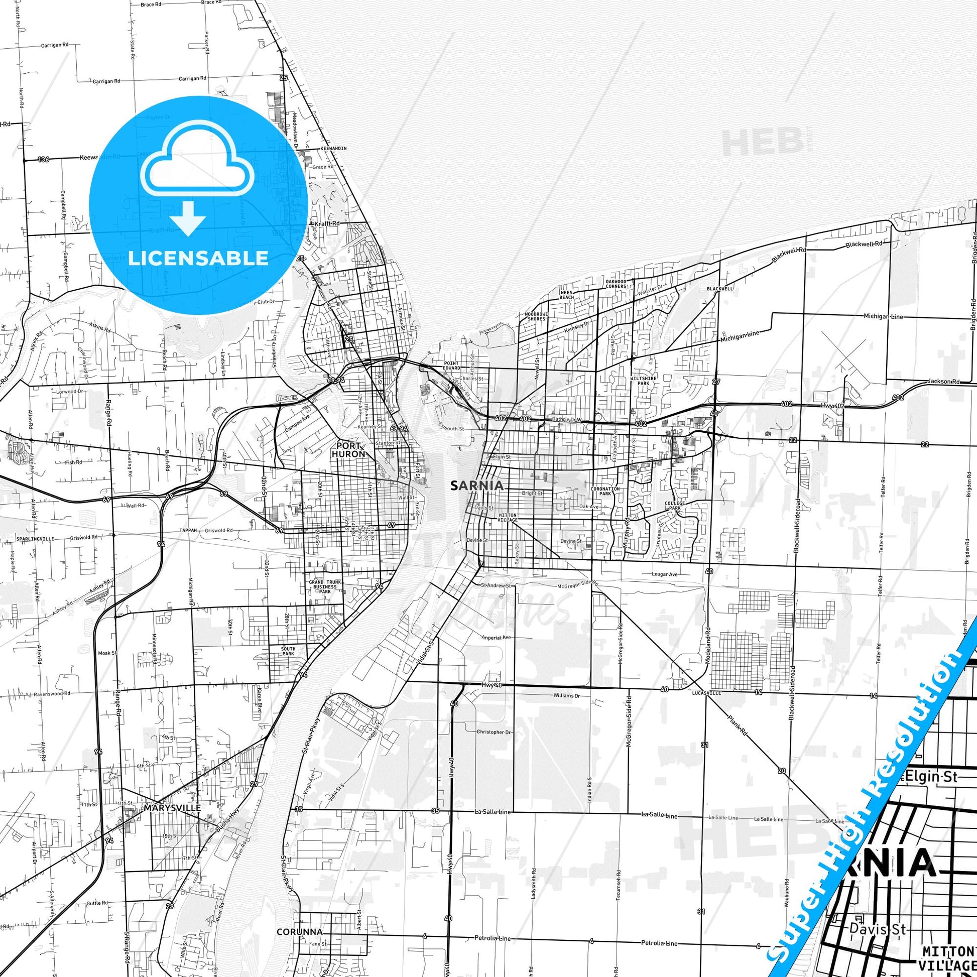 Sarnia, Canada light map with streetnames, citynames and districts