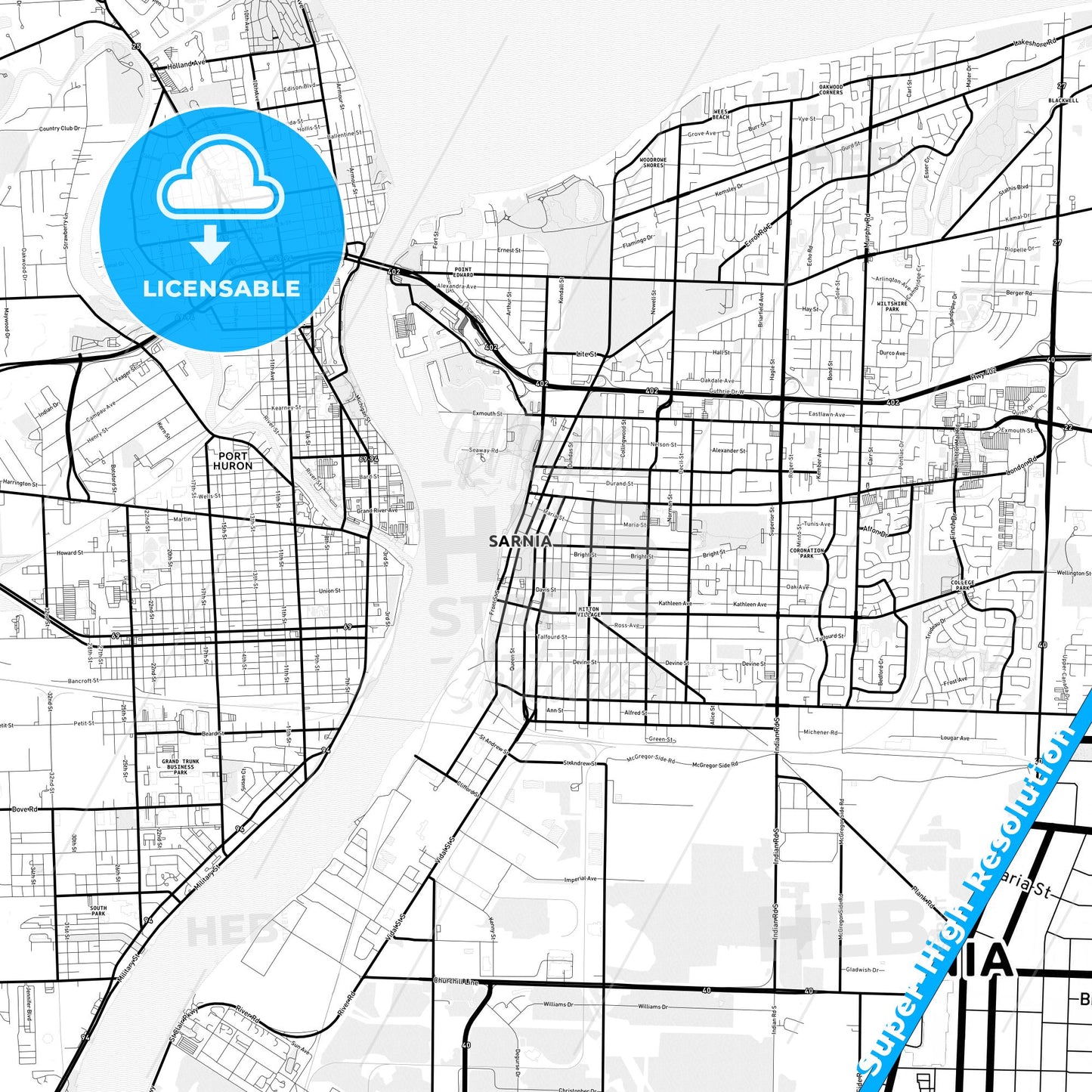 Sarnia, Canada Light Map with Street Names, City Names, and Districts