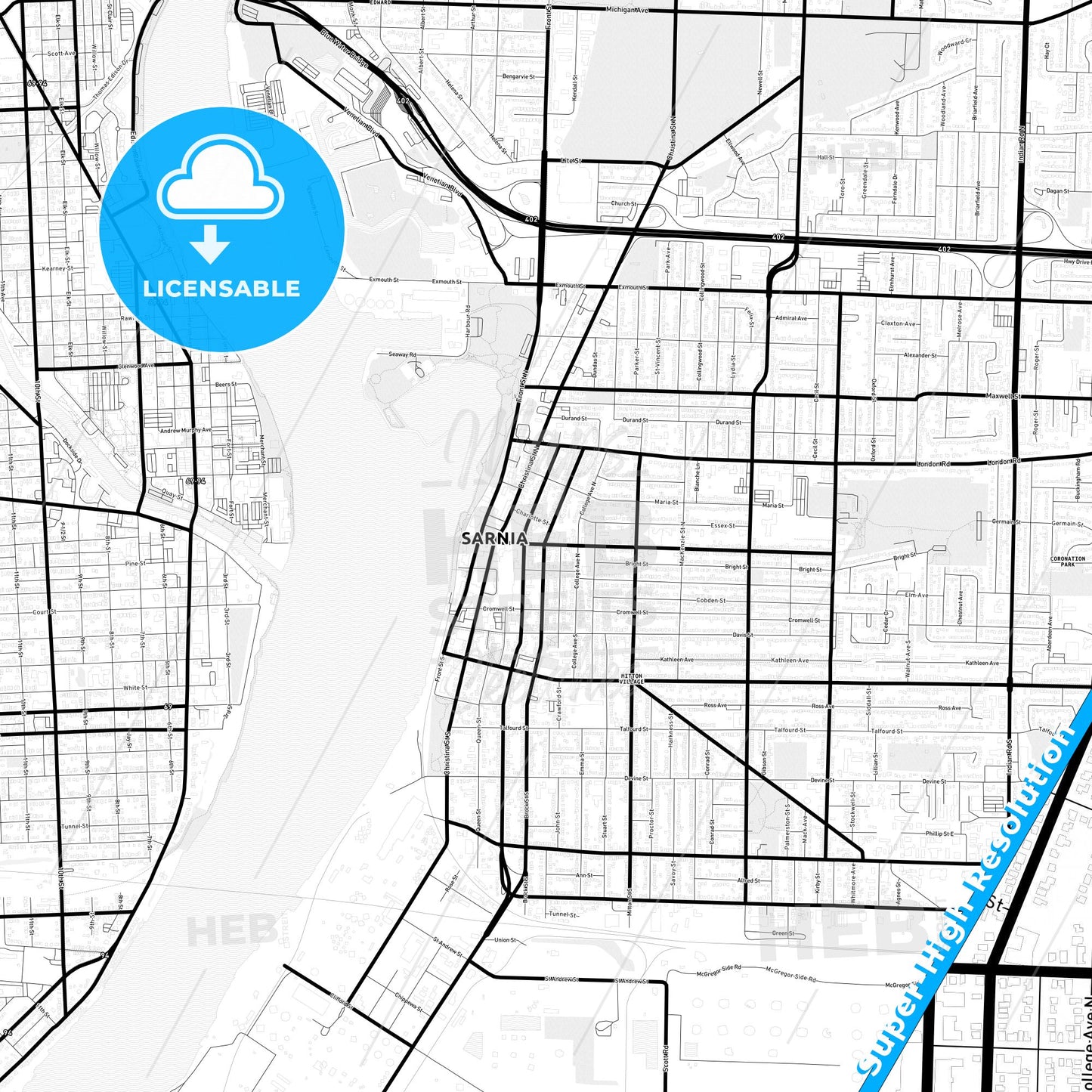 Sarnia, Canada Light Map with Street Names, City Names, and Districts