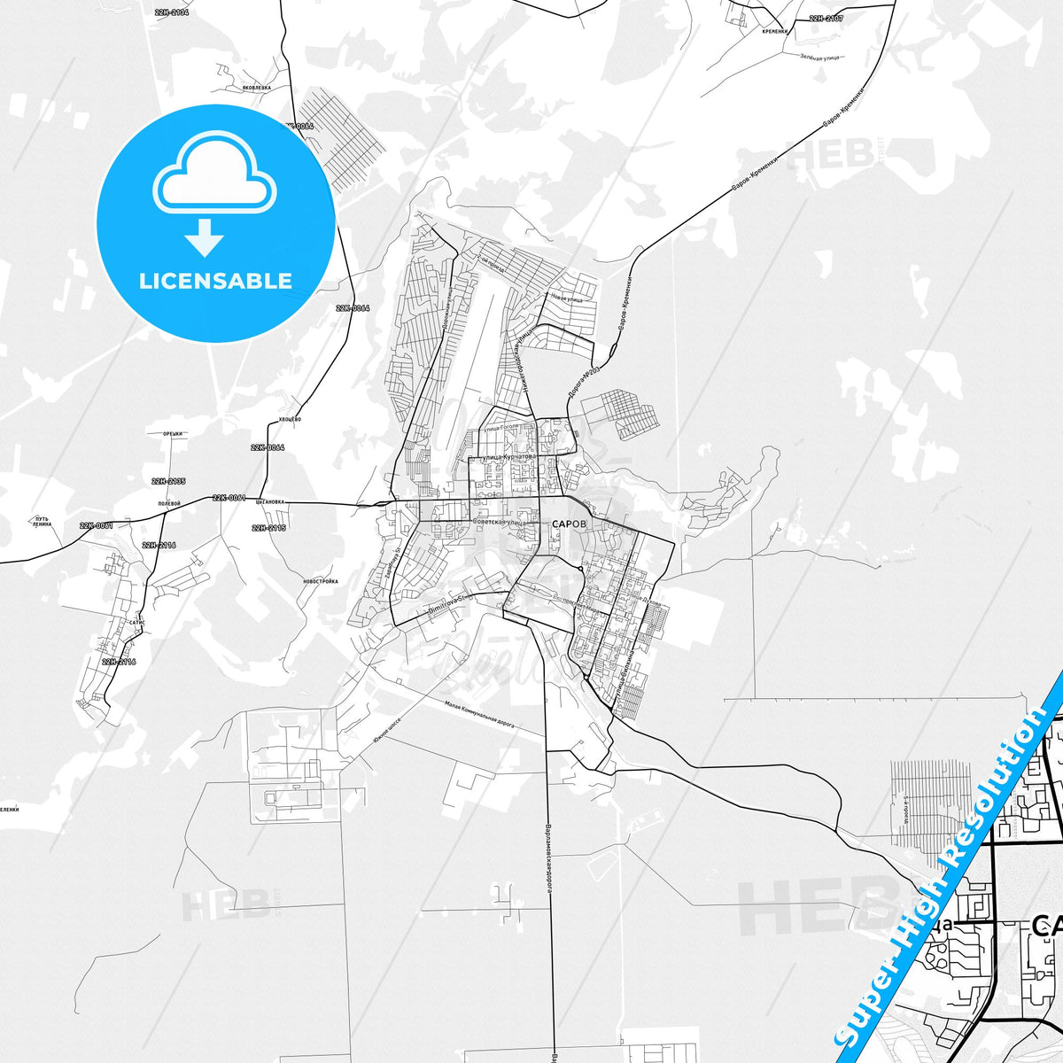 Sarov, Russia light map with streetnames, citynames and districts