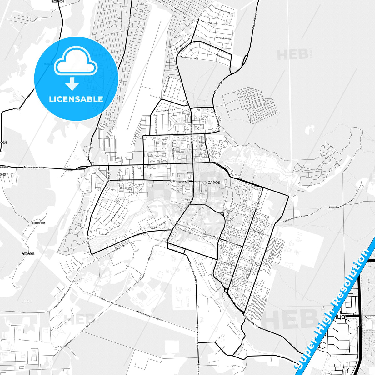 Sarov, Russia Light Map with Street Names, City Names, and Districts