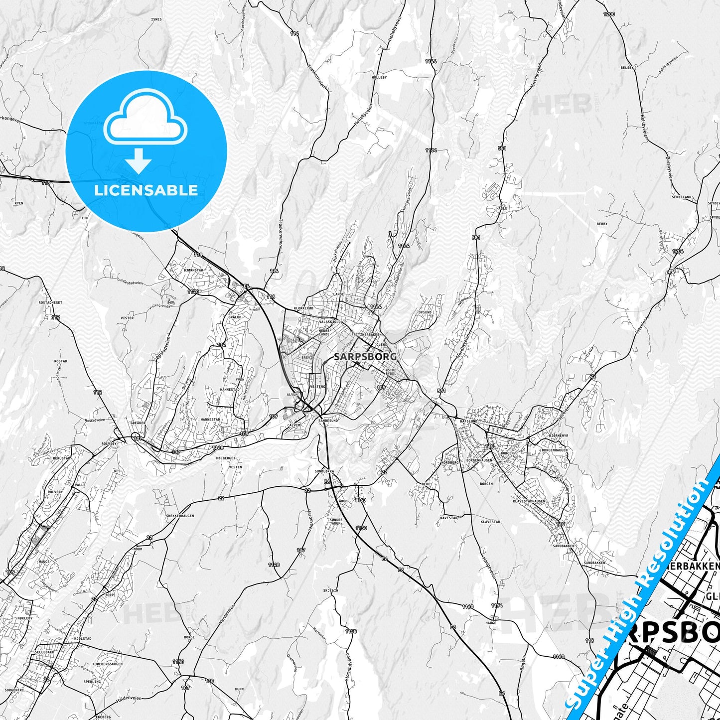Sarpsborg, Norway light map with streetnames, citynames and districts