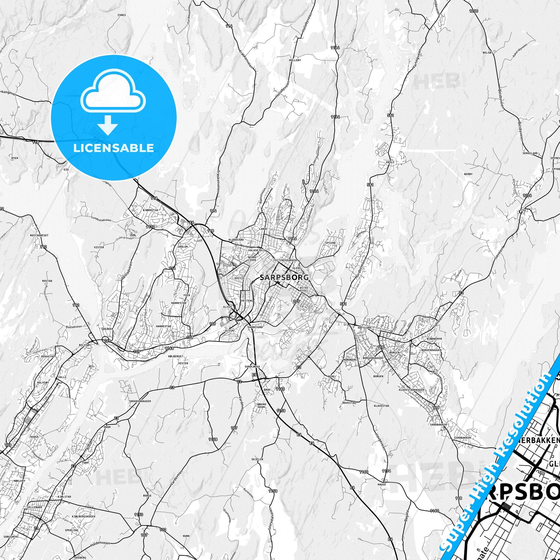 Sarpsborg, Norway light map with streetnames, citynames and districts