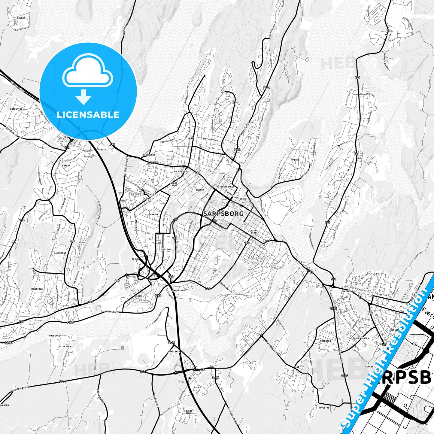 Sarpsborg, Norway Light Map with Street Names, City Names, and Districts
