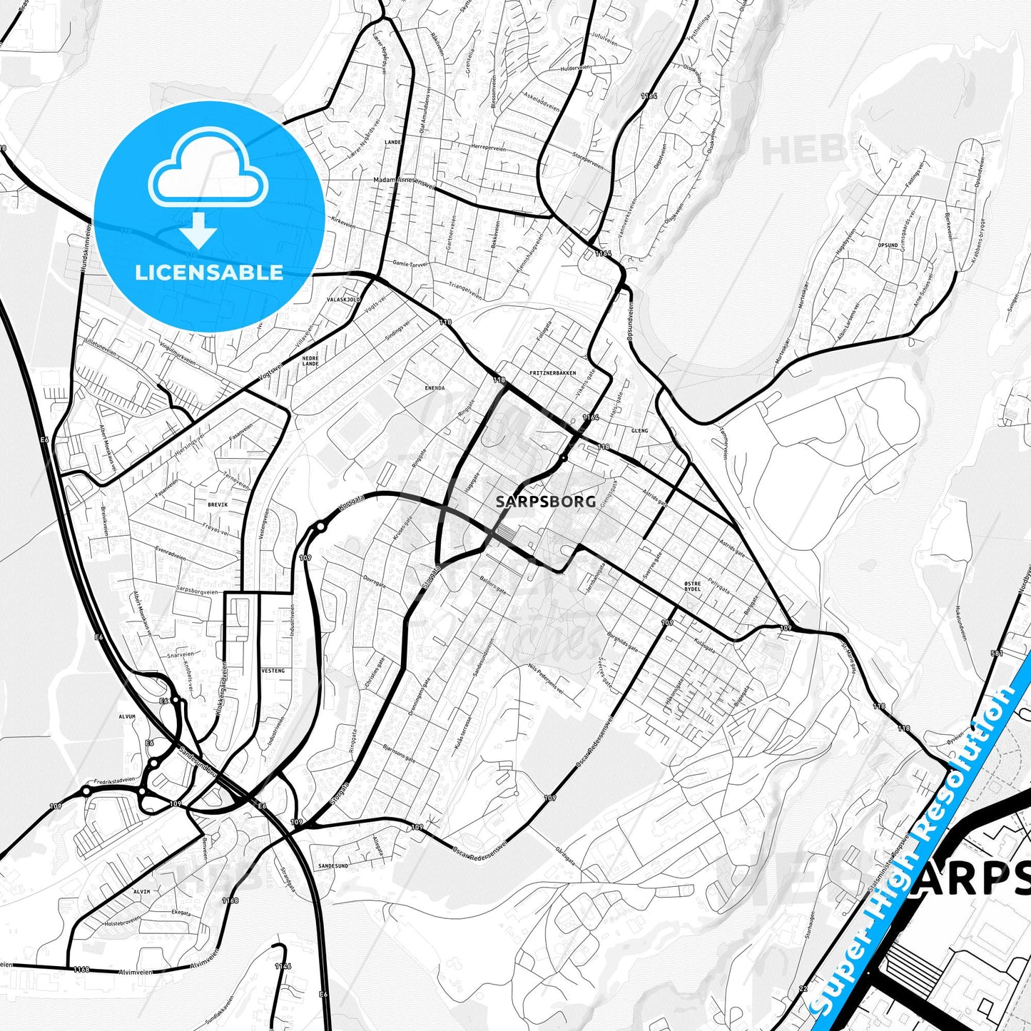 Sarpsborg, Norway Light Map with Street Names, City Names, and Districts