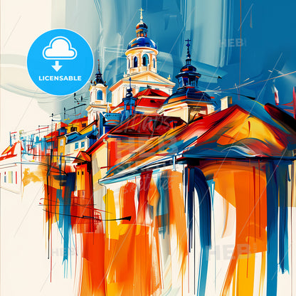 Vibrant Sarpsborg, Norway - A Painting Of A Building With A Tower