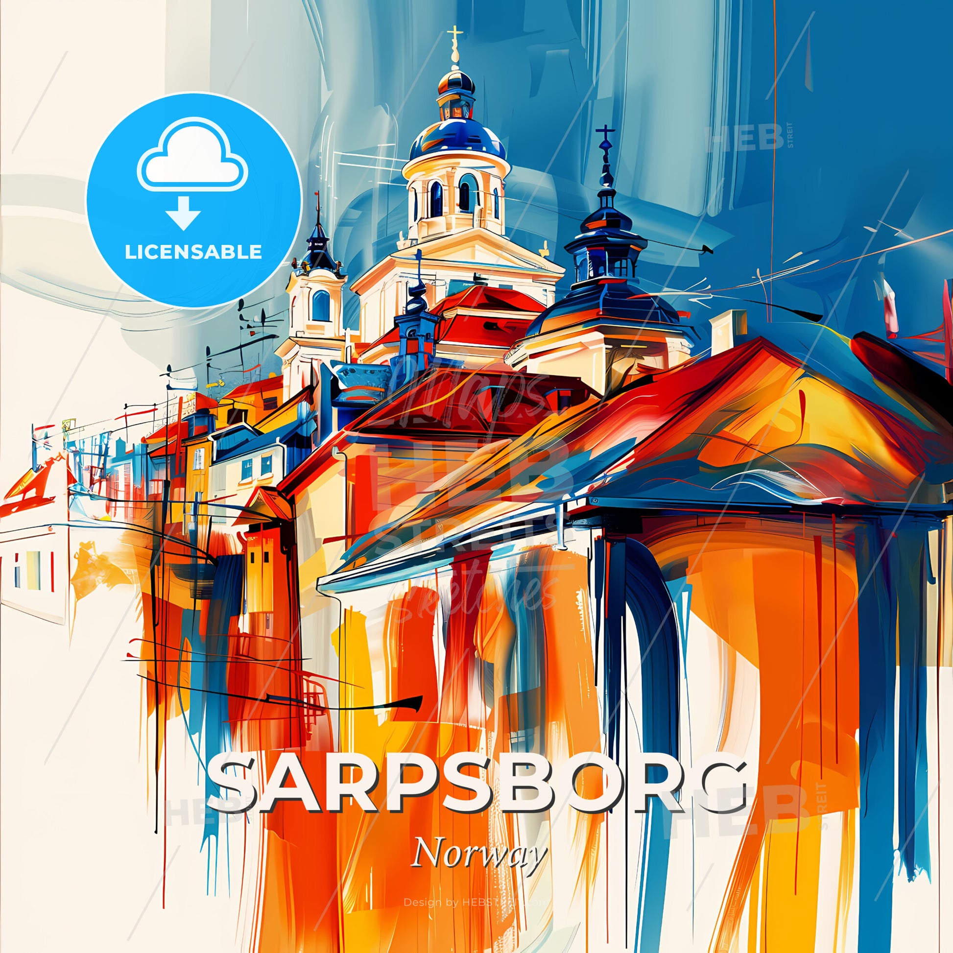 Vibrant Sarpsborg, Norway - A Painting Of A Building With A Tower - Square format print template