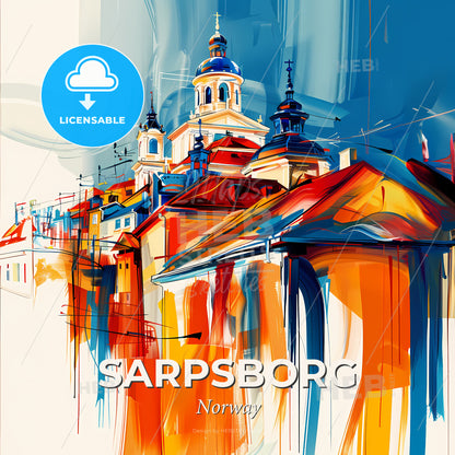 Vibrant Sarpsborg, Norway - A Painting Of A Building With A Tower - Square format print template
