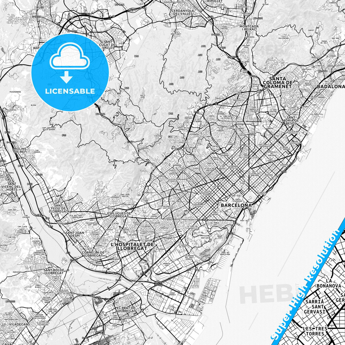Sarrià-Sant Gervasi, Spain light map with streetnames, citynames and districts