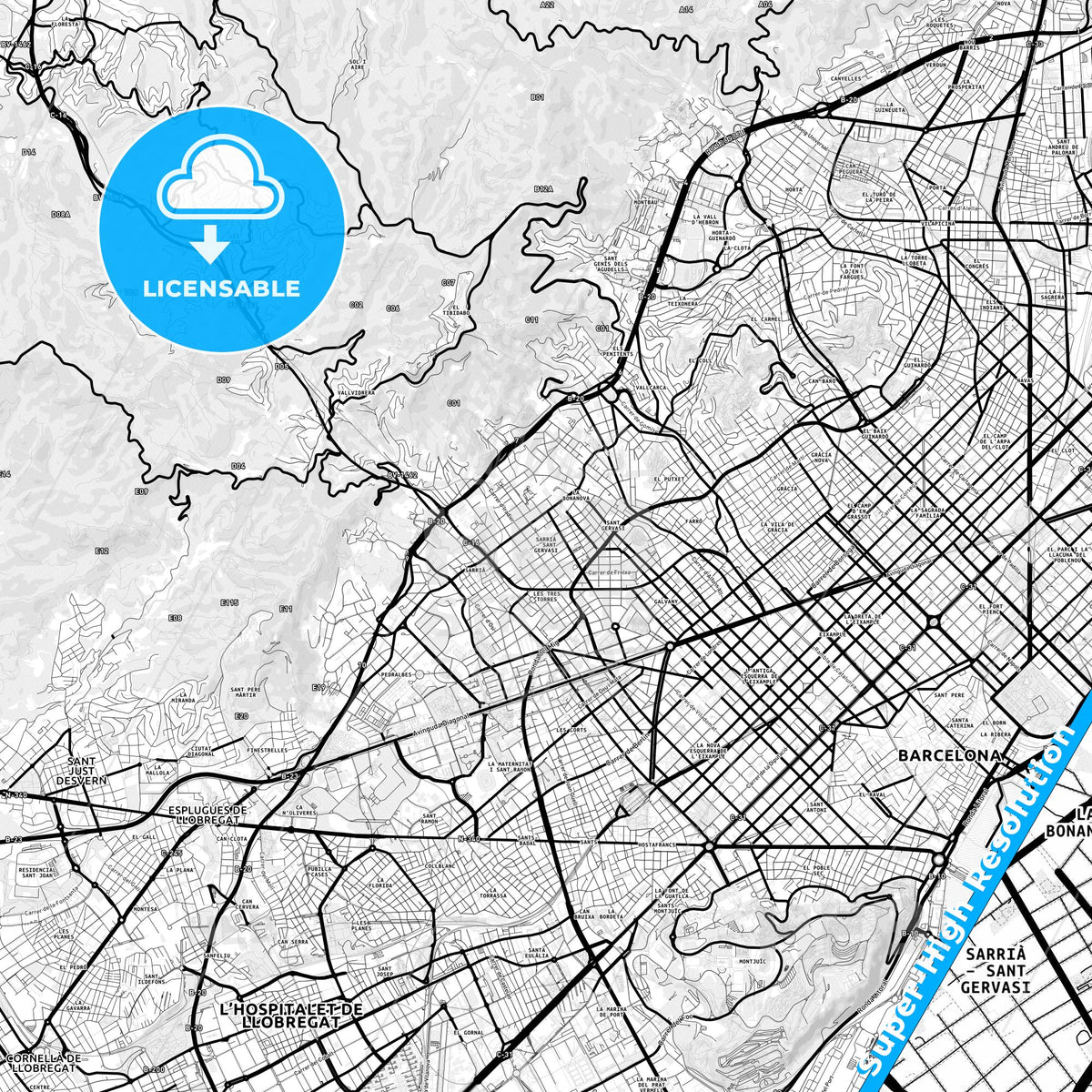 Sarrià-Sant Gervasi, Spain Light Map with Street Names, City Names, and Districts