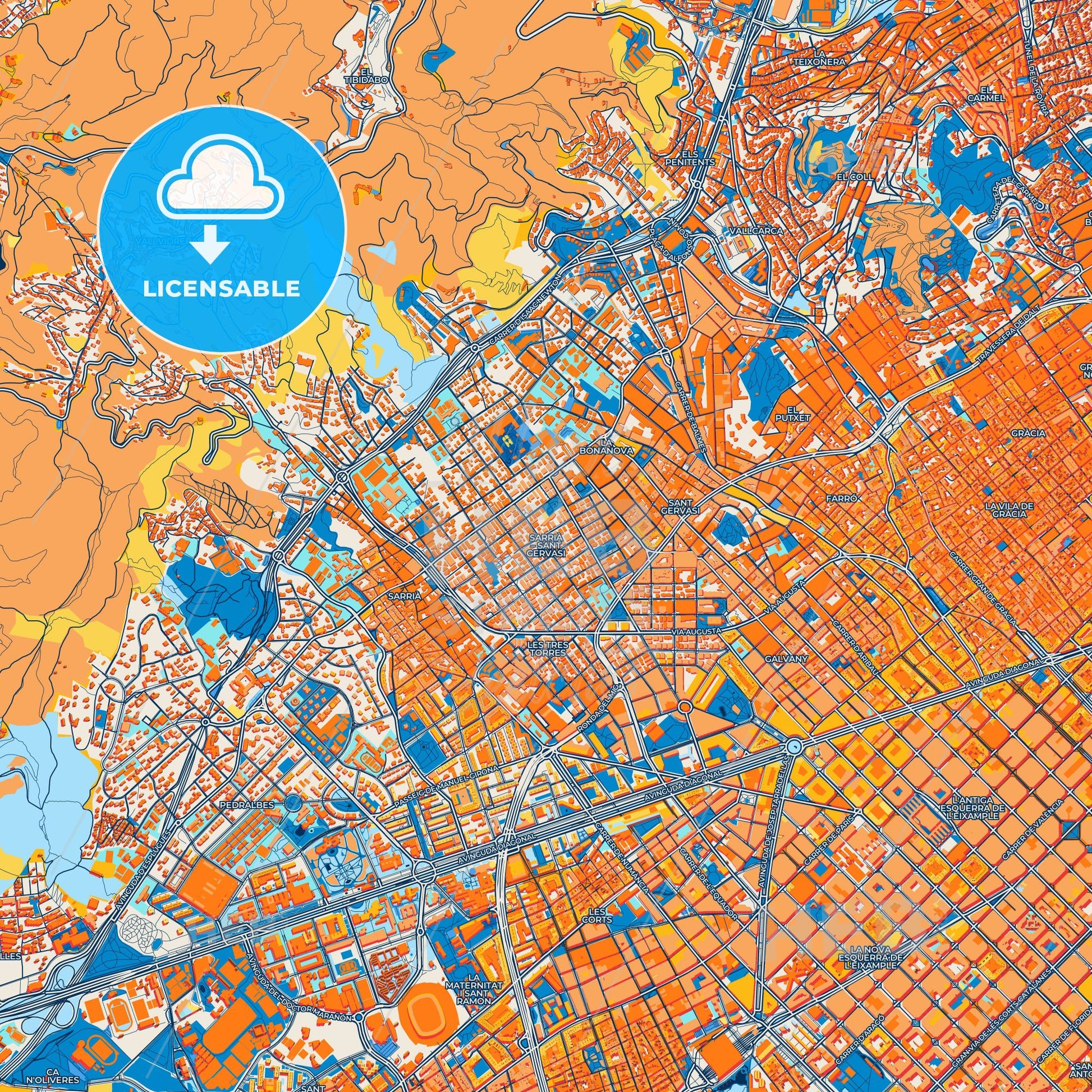 Colorful Sarrià-Sant Gervasi Street Map with Labels and Buildings