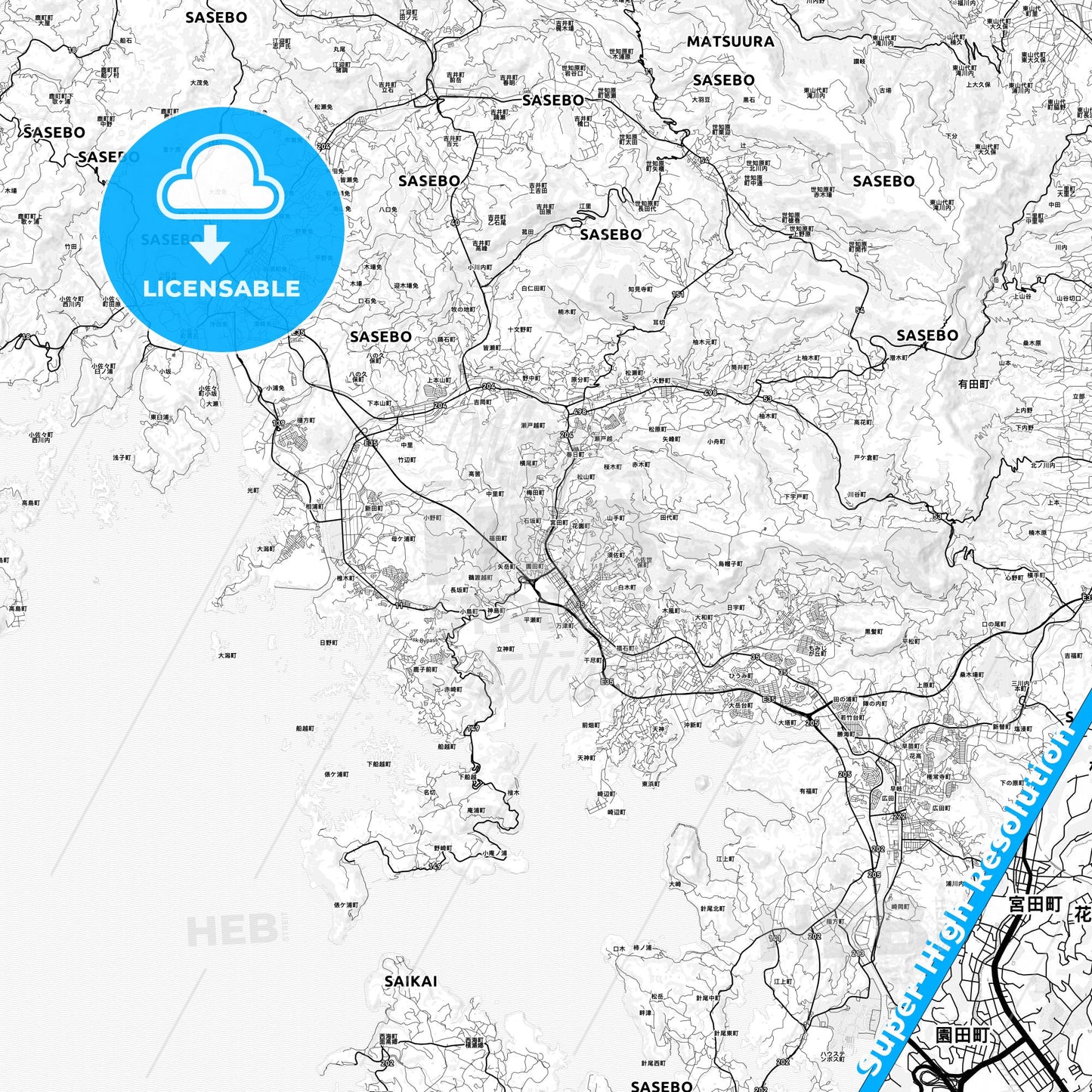 Sasebo, Japan light map with streetnames, citynames and districts