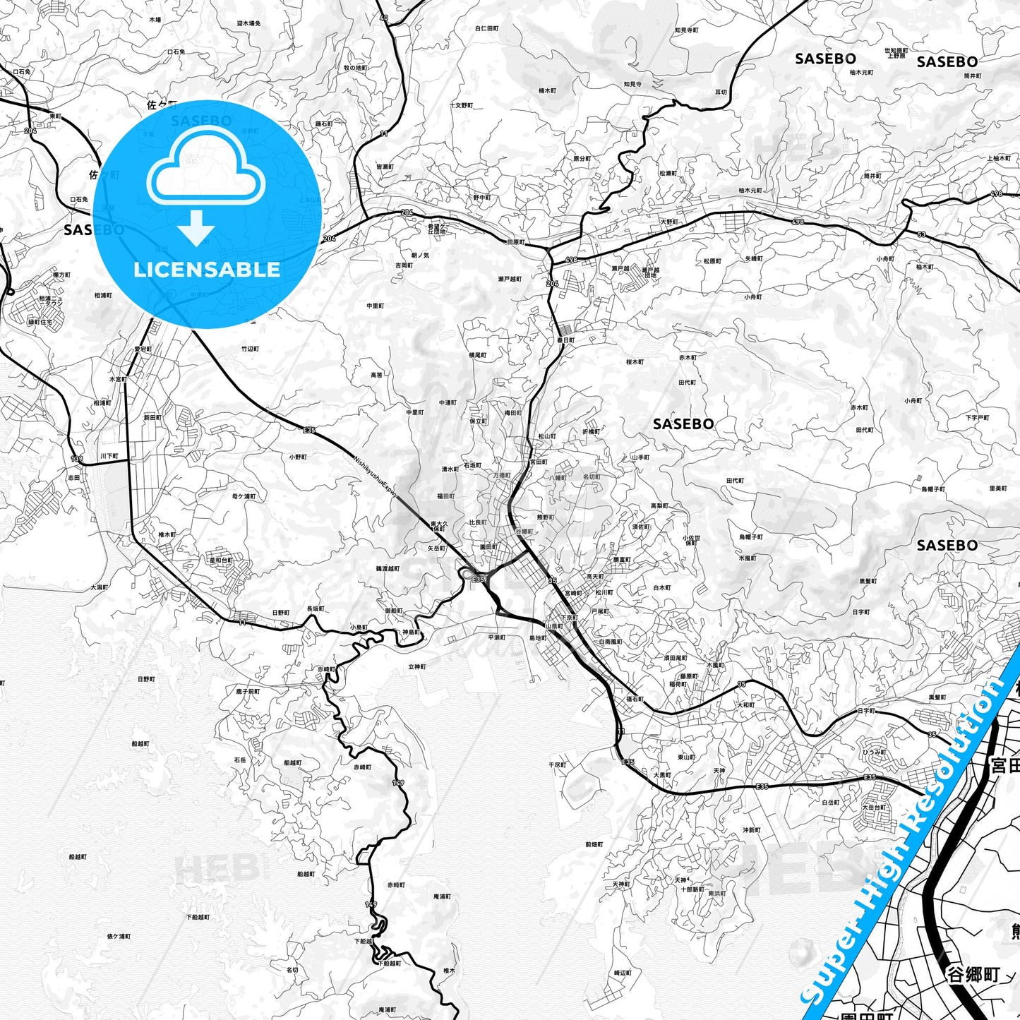 Sasebo, Japan Light Map with Street Names, City Names, and Districts