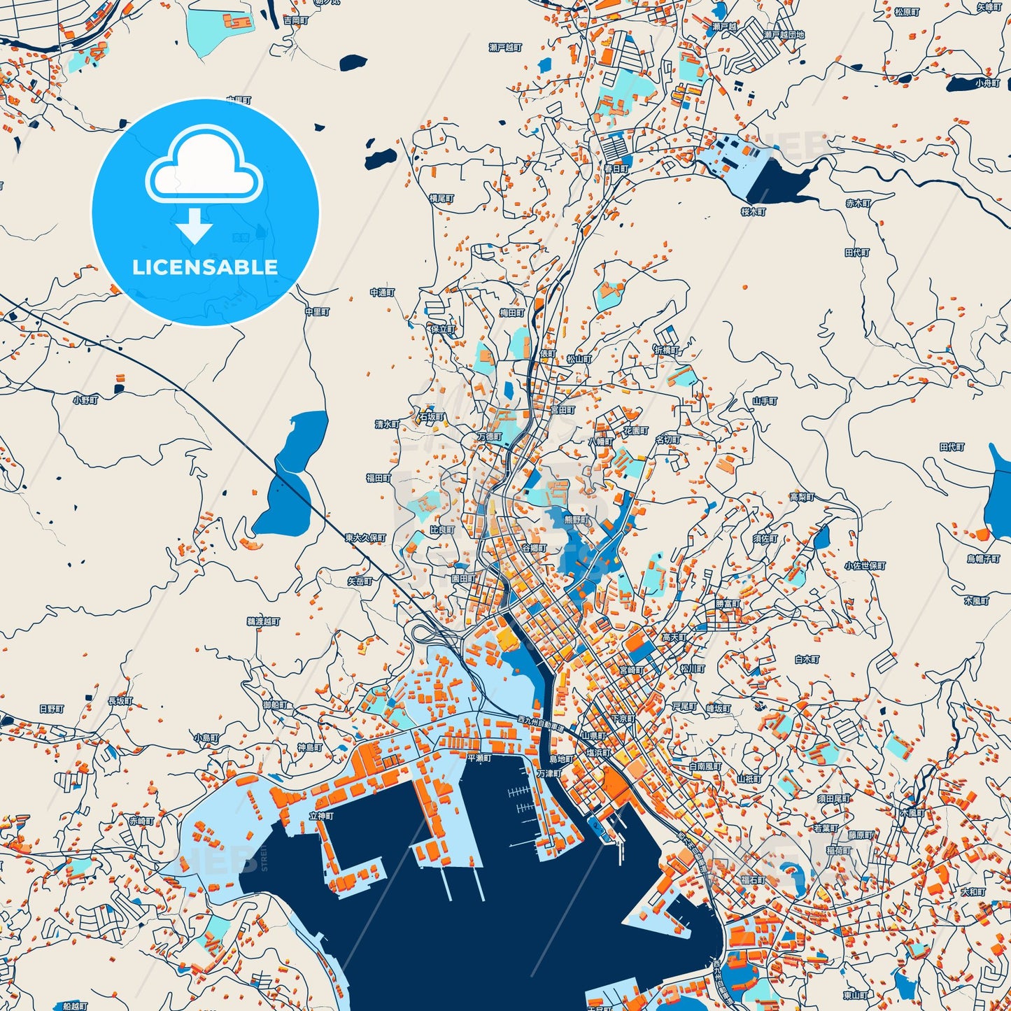 Colorful Sasebo Street Map with Labels and Buildings