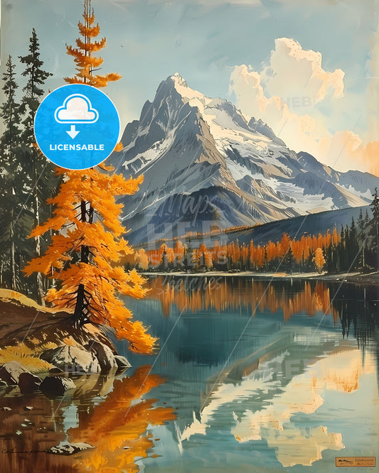 Vibrant Oil Painting of Mountain Lake and Snowy Peak in Saskatchewan