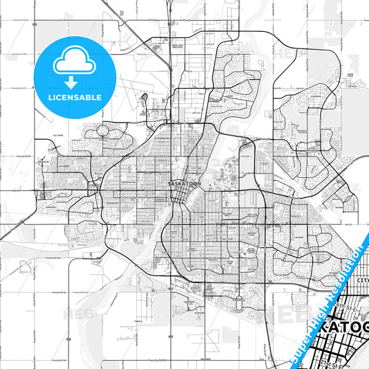 Saskatoon, Canada light map with streetnames, citynames and districts