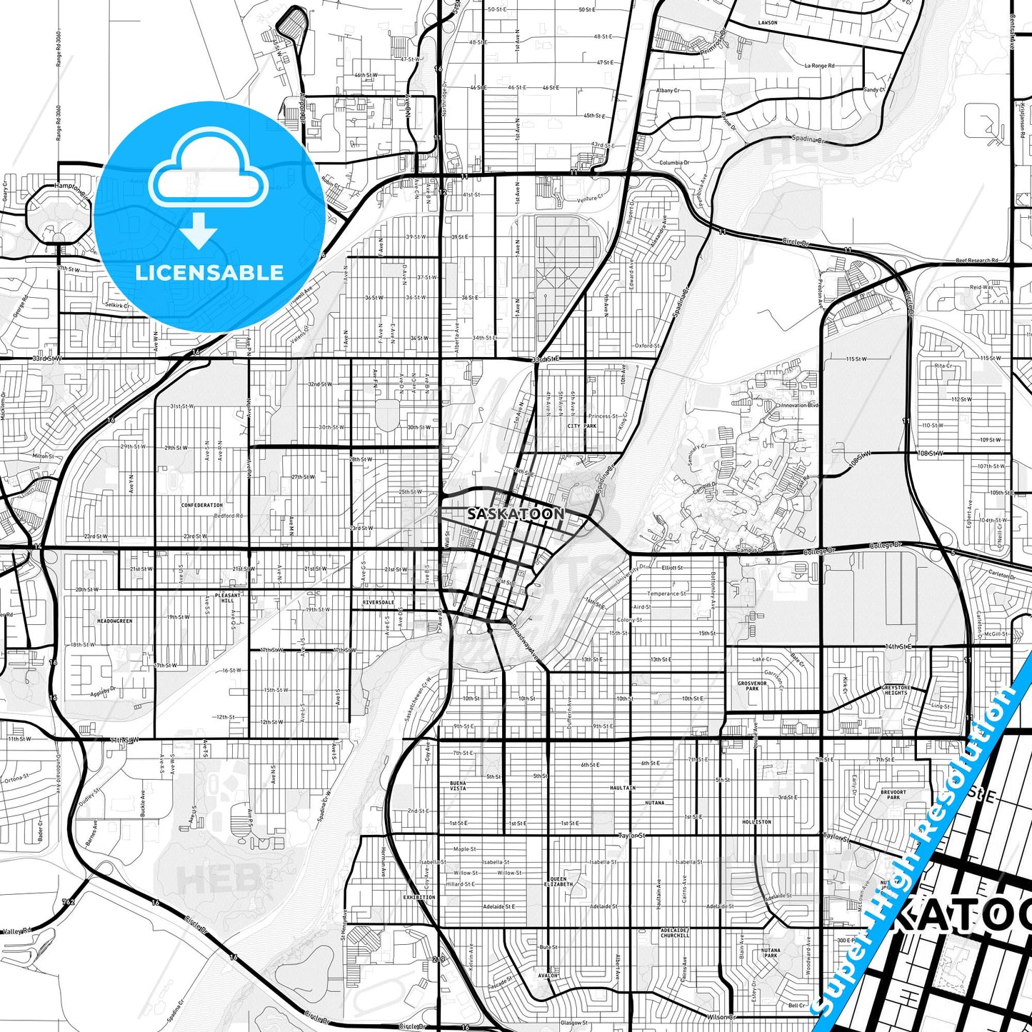 Saskatoon, Canada Light Map with Street Names, City Names, and Districts
