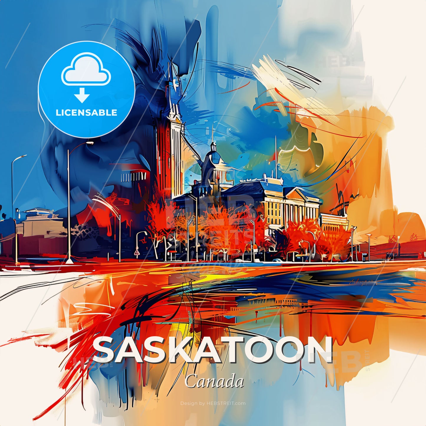 Vibrant Saskatoon, Canada - A Painting Of A Building And Trees - Square format print template