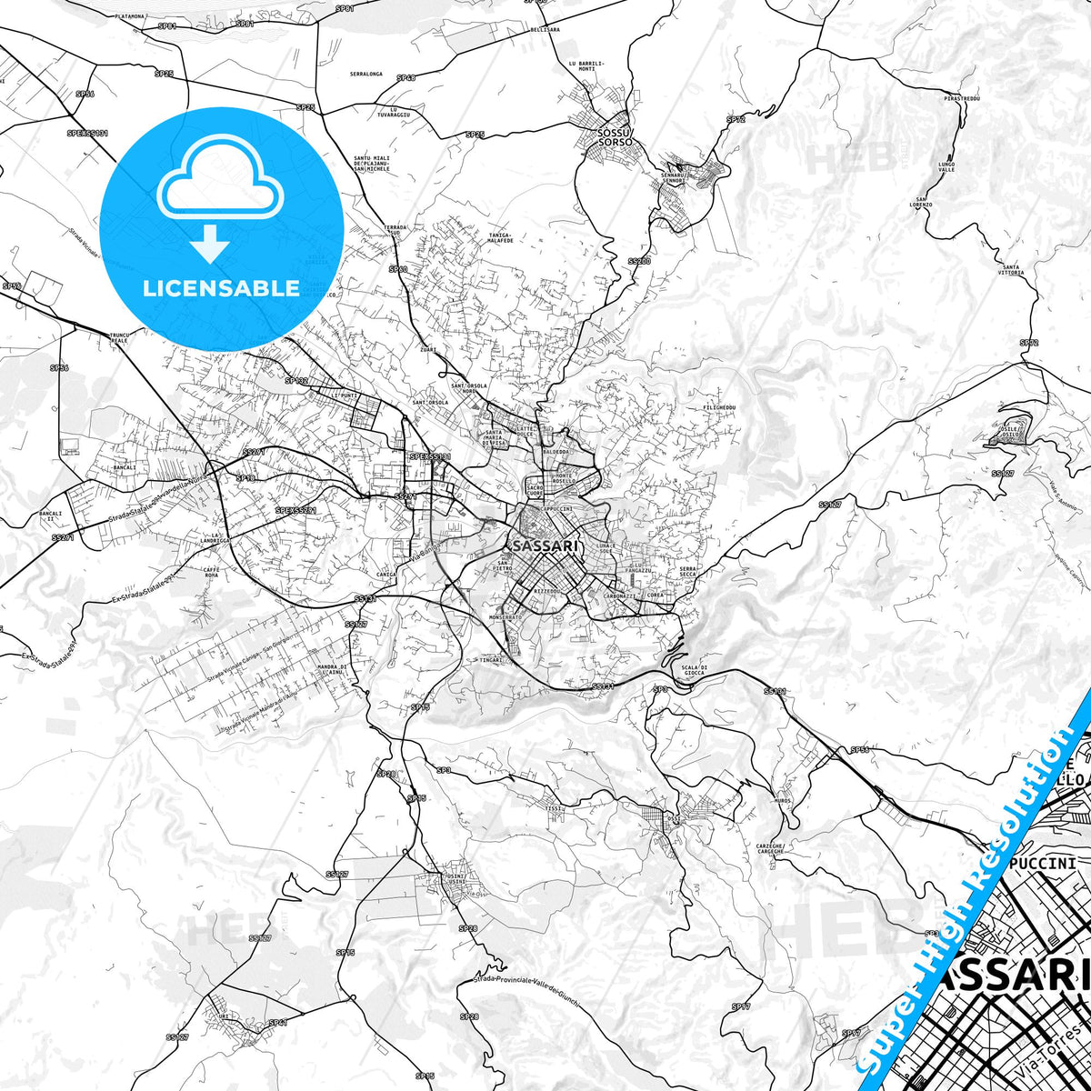 Sassari, Italy light map with streetnames, citynames and districts