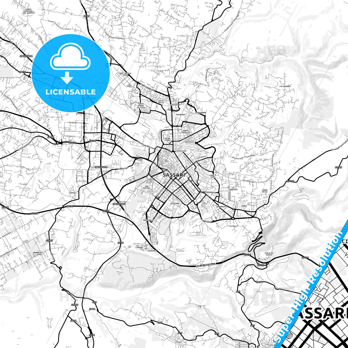 Sassari, Italy Light Map with Street Names, City Names, and Districts