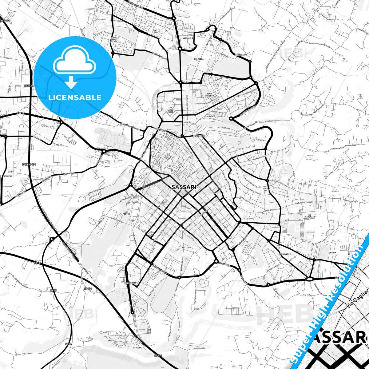 Sassari, Italy Light Map with Street Names, City Names, and Districts