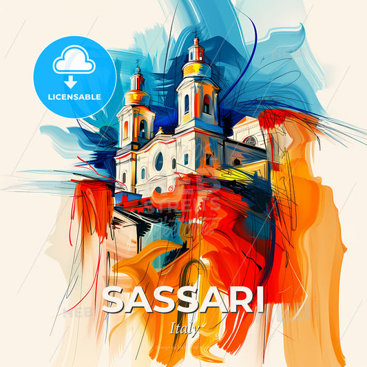 Vibrant Sassari, Italy - A Painting Of A Building With Colorful Paint - Square format print template