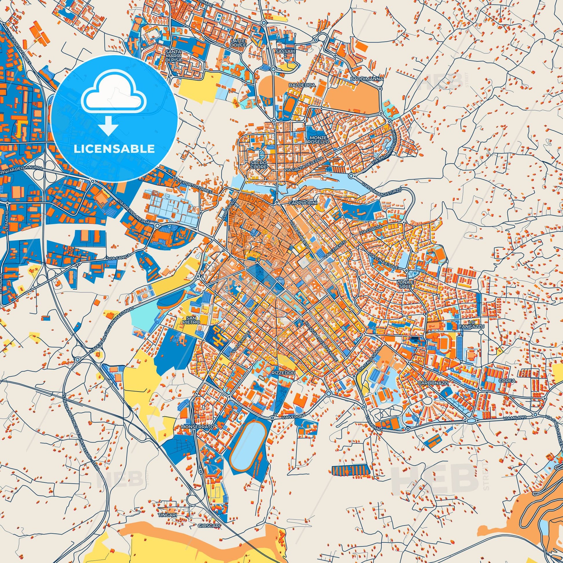 Colorful Sassari Street Map with Labels and Buildings