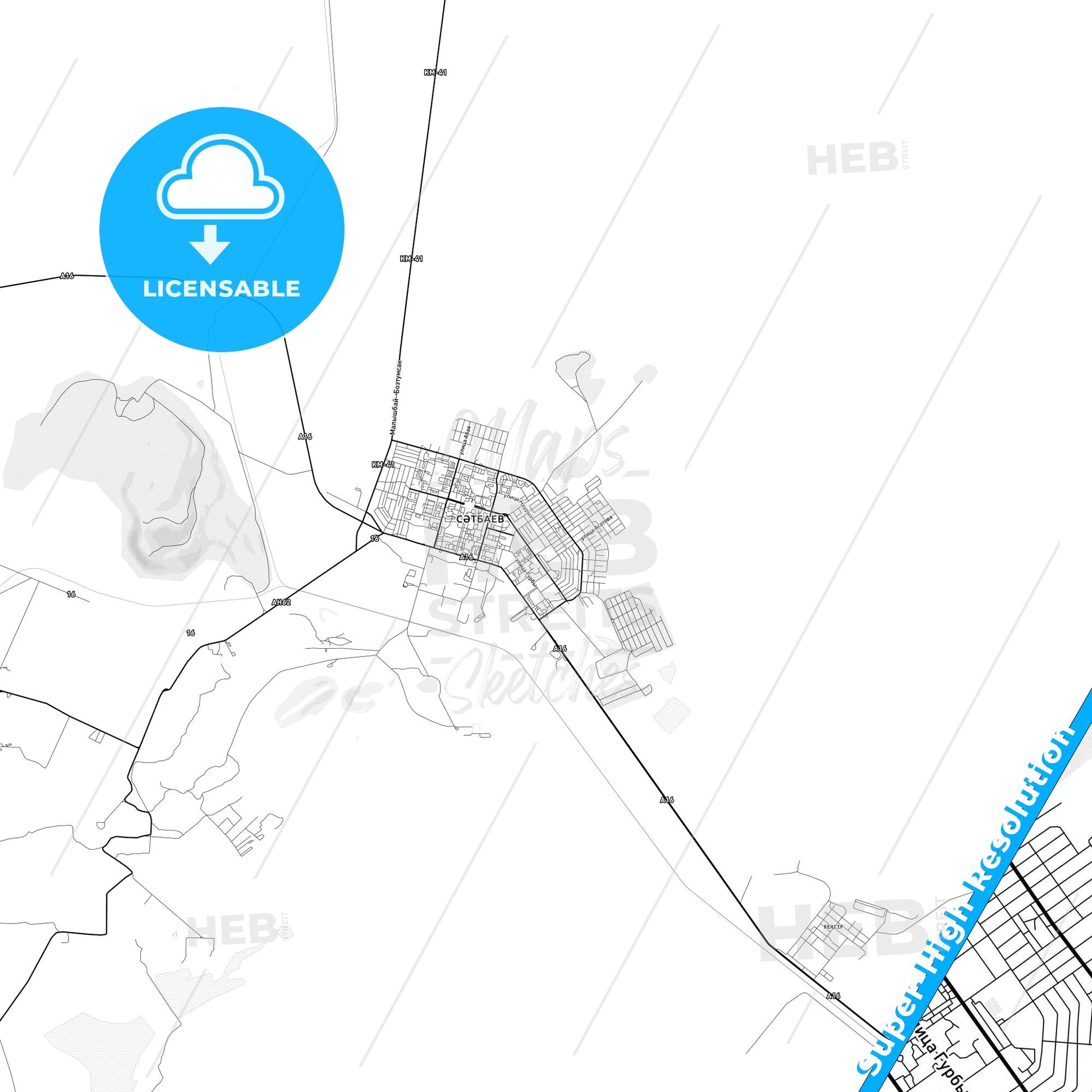 Satpayev, Kazakhstan light map with streetnames, citynames and districts