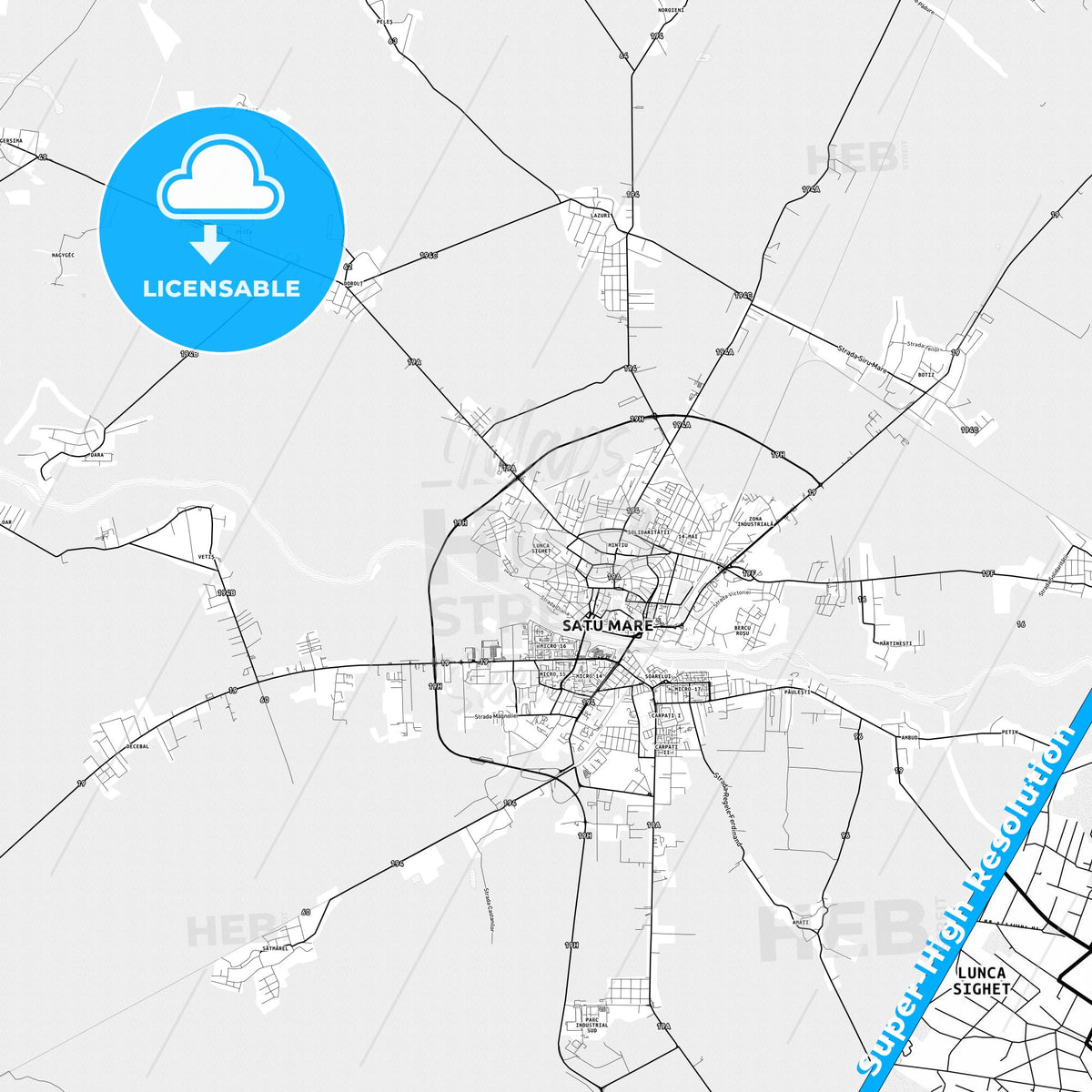 Satu Mare, Romania light map with streetnames, citynames and districts