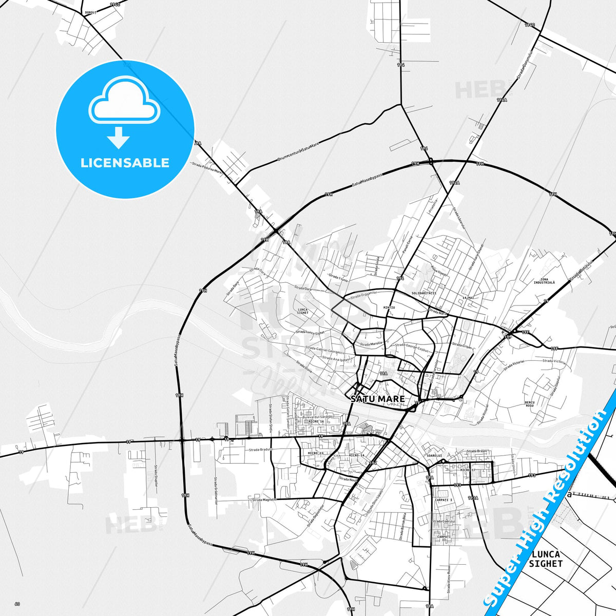 Satu Mare, Romania Light Map with Street Names, City Names, and Districts