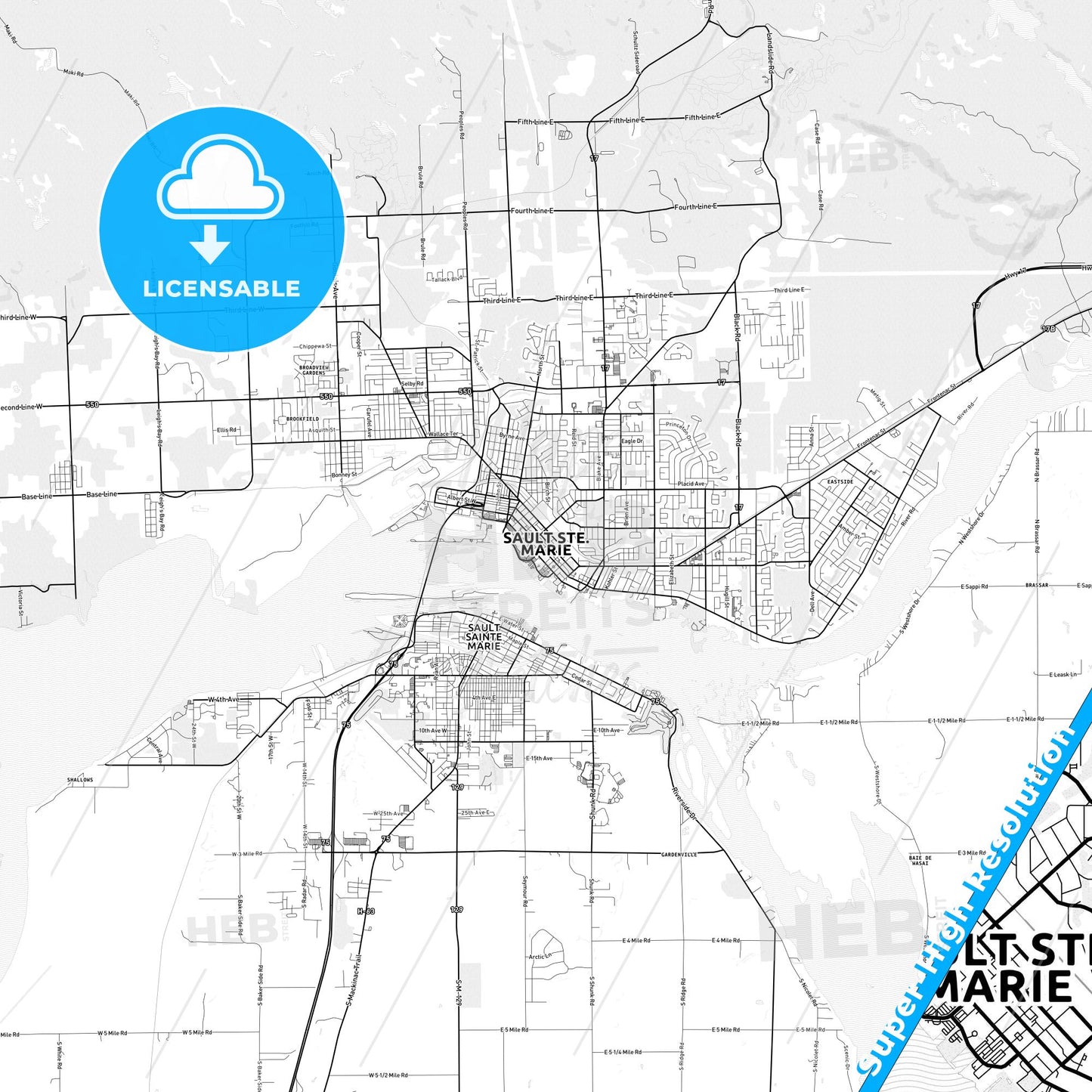 Sault Ste. Marie, Canada light map with streetnames, citynames and districts