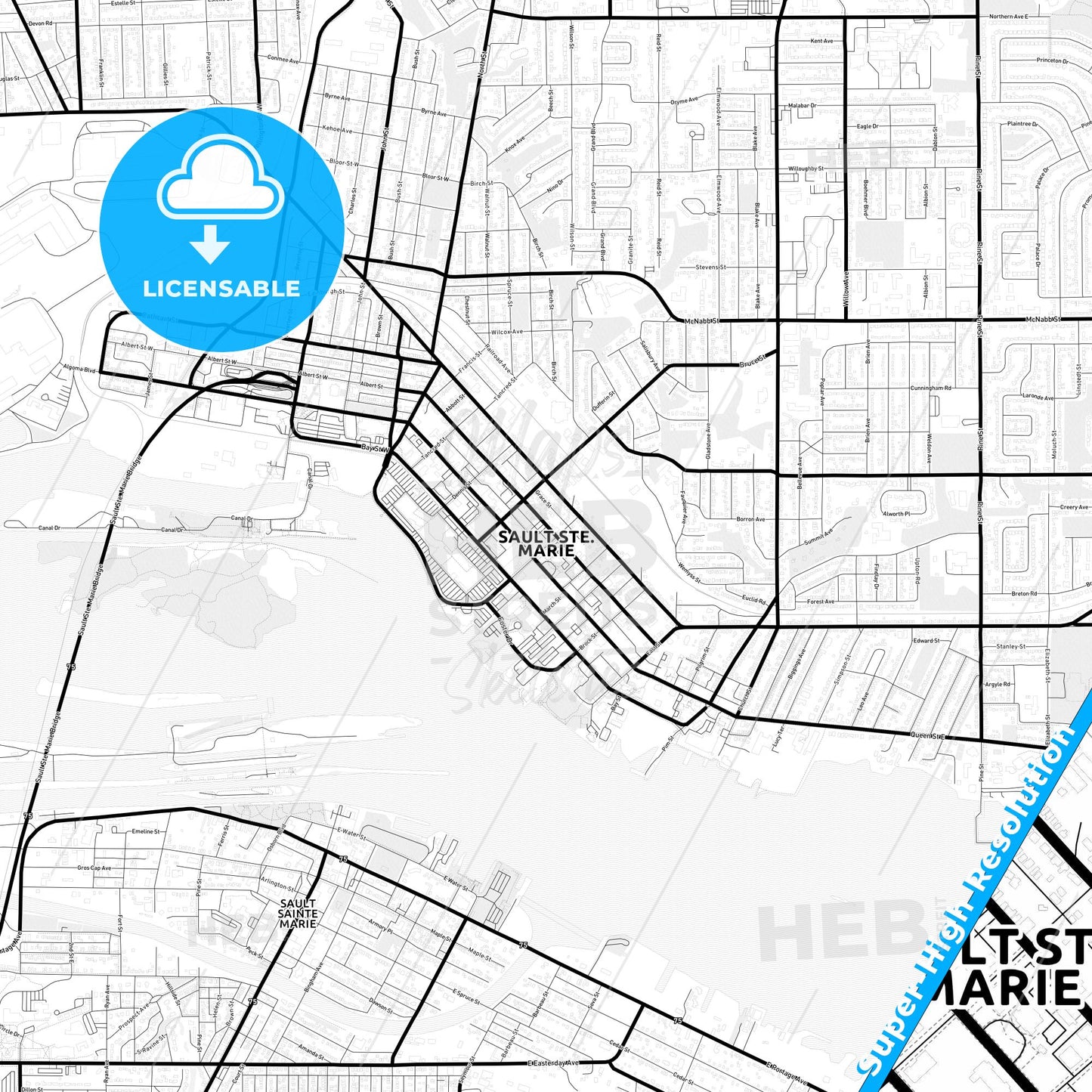 Sault Ste. Marie, Canada Light Map with Street Names, City Names, and Districts
