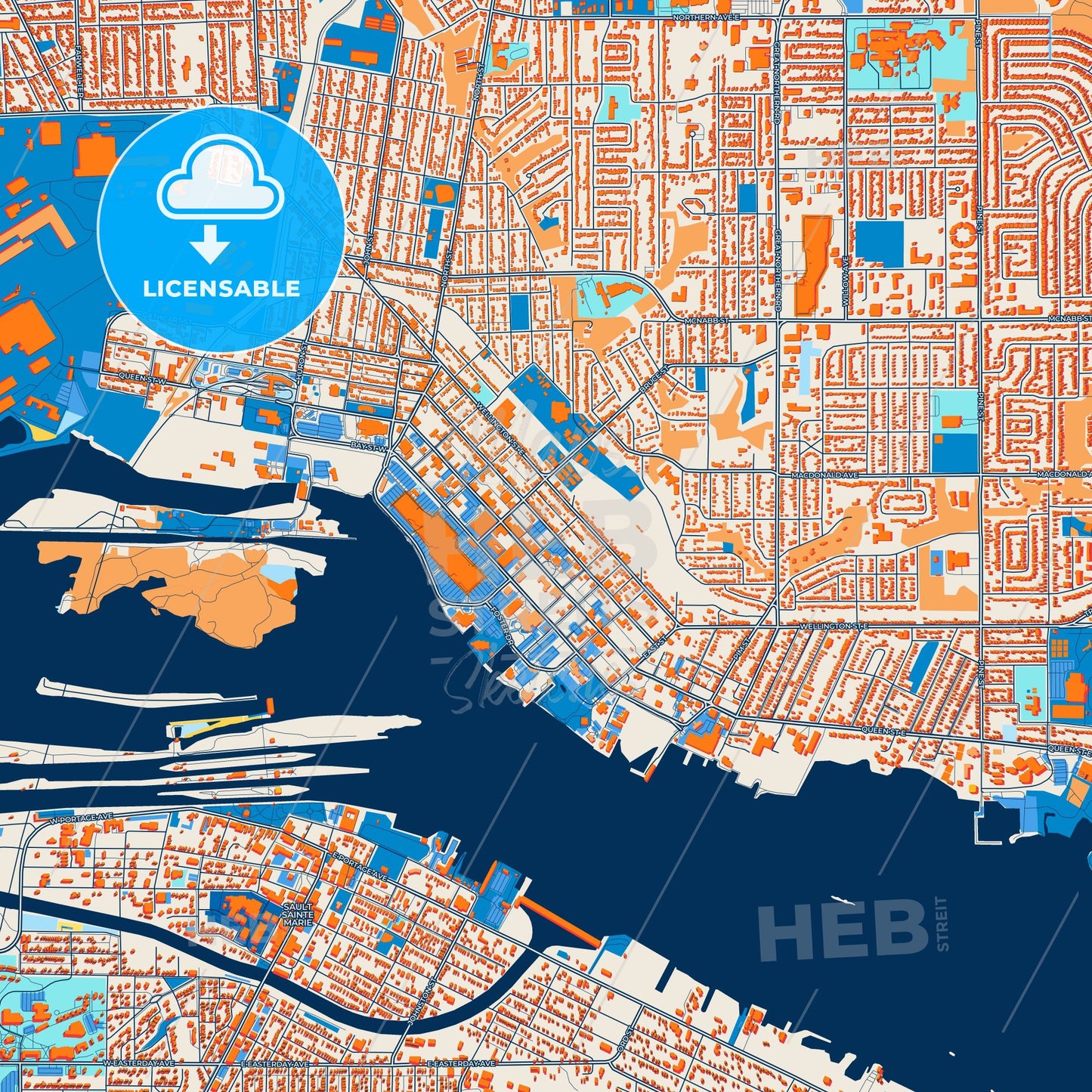 Colorful Sault Ste. Marie Street Map with Labels and Buildings