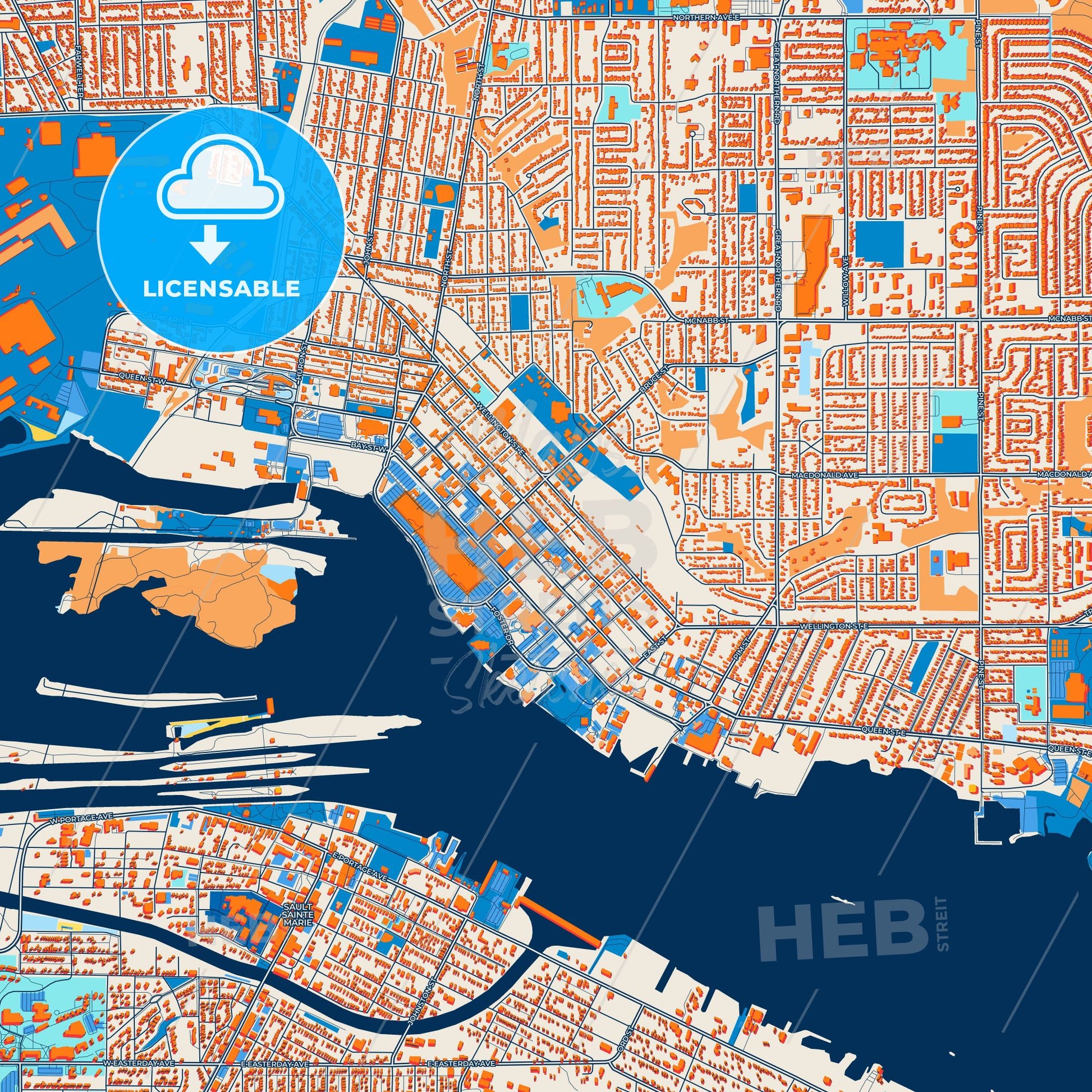 Colorful Sault Ste. Marie Street Map with Labels and Buildings