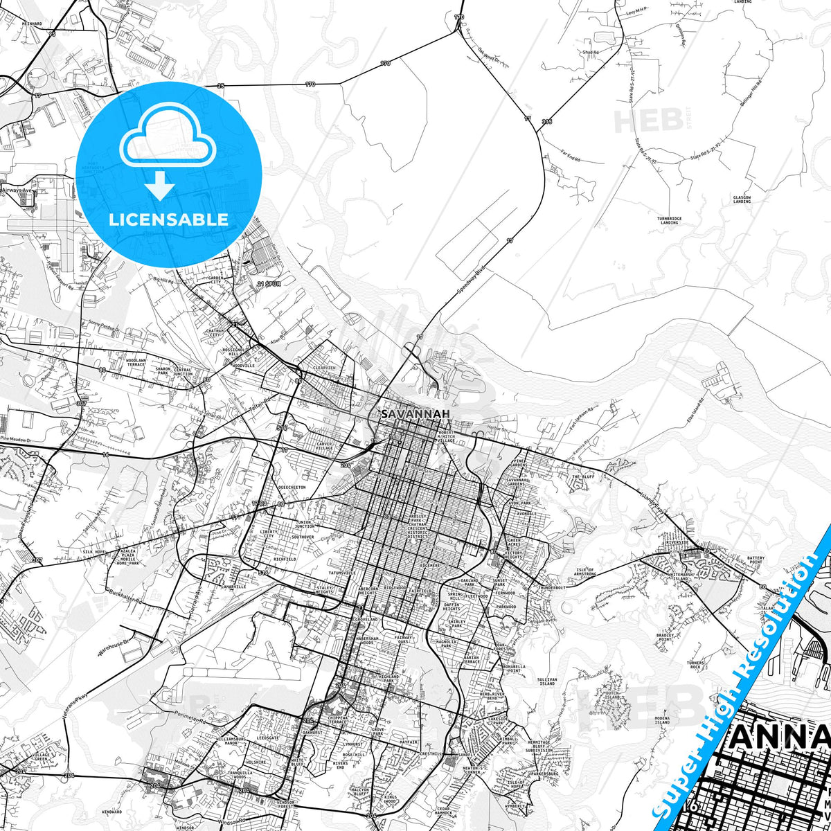Savannah, Georgia light map with streetnames, citynames and districts