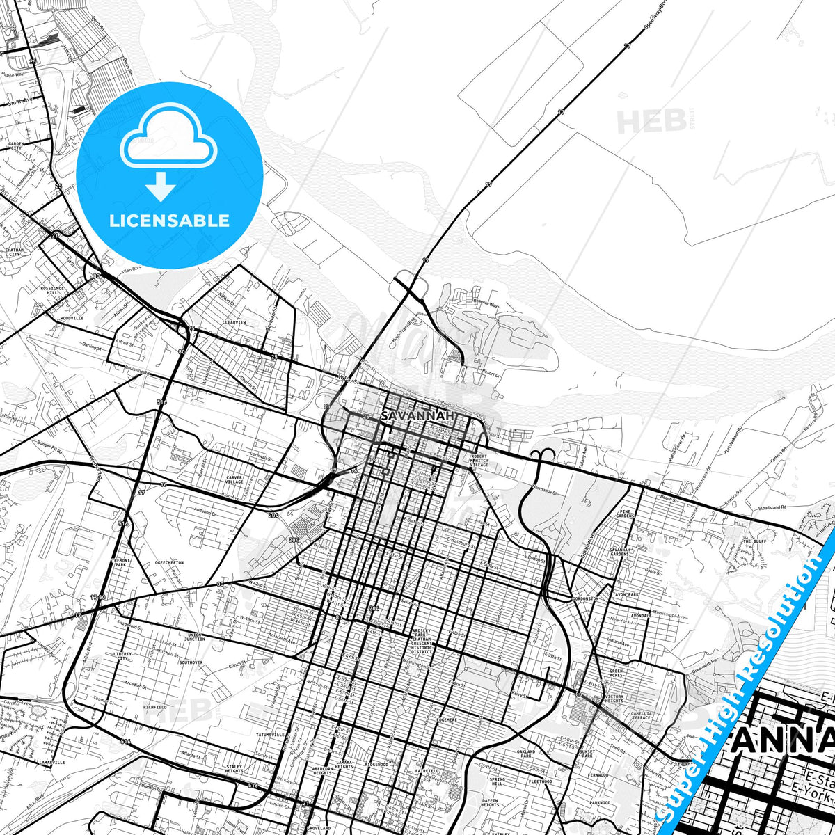 Savannah, Georgia Light Map with Street Names, City Names, and Districts
