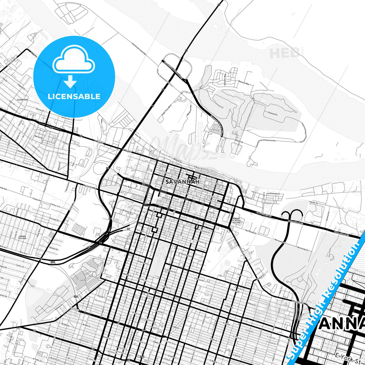 Savannah, Georgia Light Map with Street Names, City Names, and Districts