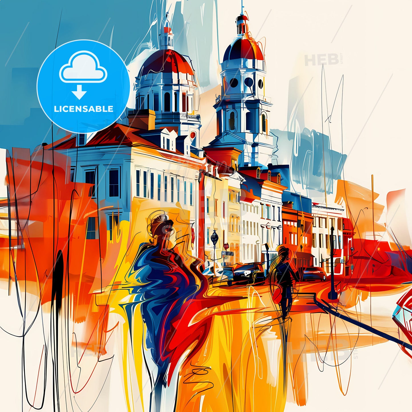 Vibrant Savannah, Georgia - A Painting Of A Street With Buildings And A Couple Of People