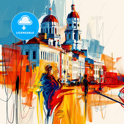 Vibrant Savannah, Georgia - A Painting Of A Street With Buildings And A Couple Of People